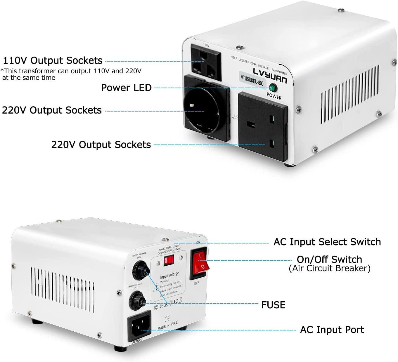 800W Voltage Transformer Converter 110V ⇄ 230V Step Up & Step Down White, Boat