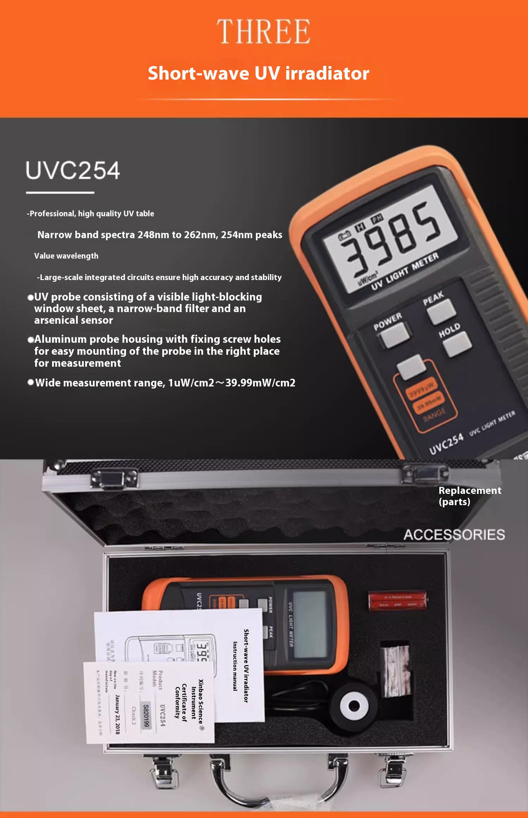 UVC Light Meter UVC254 UV meter measurement of UV radiation intensity Radiometer