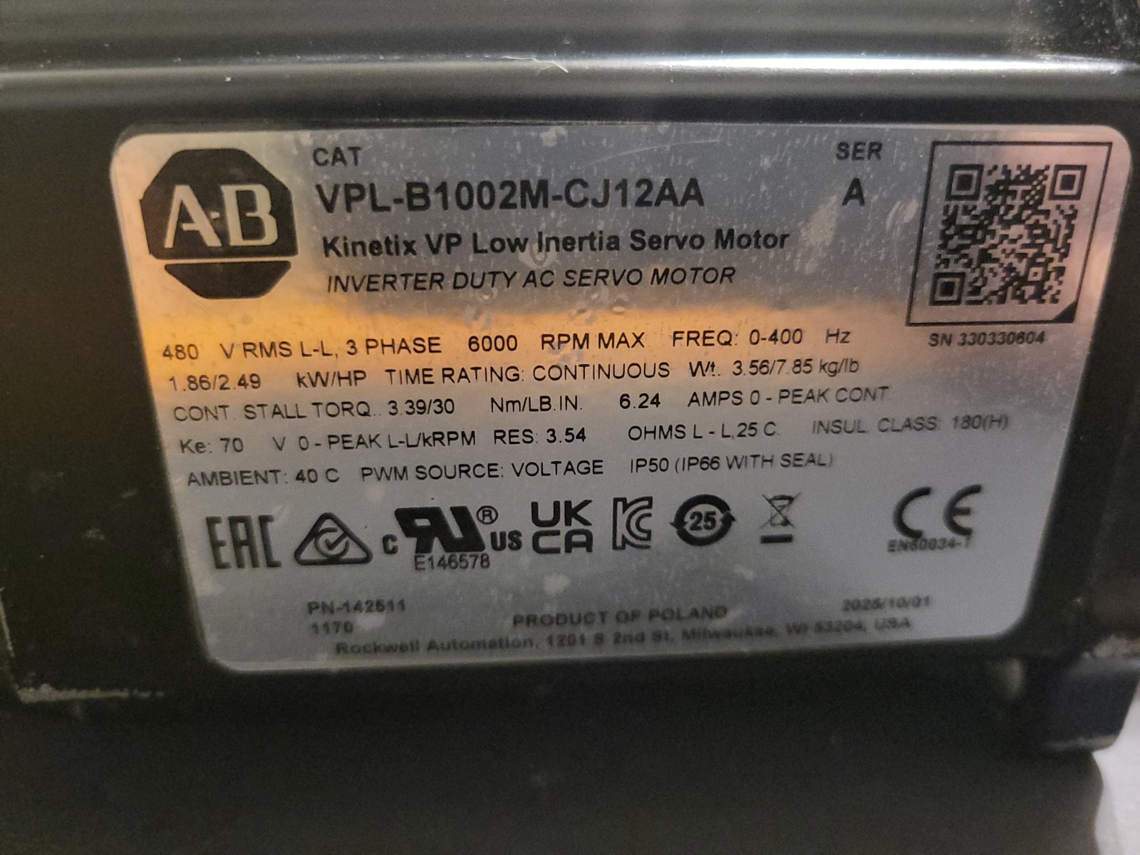 Allen‑Bradley VPL-B1002M-CJ12AA Brand New M Winding Motor Used Condition