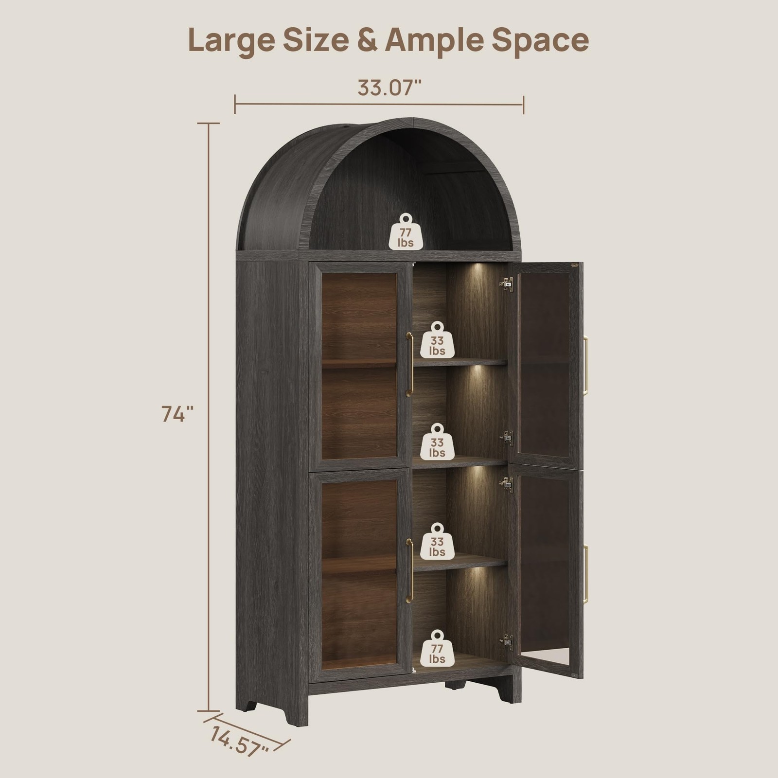 74 Arched Bookcase Glass Door 5-Tier w/LED Motion Sensor Dark Grey Oak 2PC
