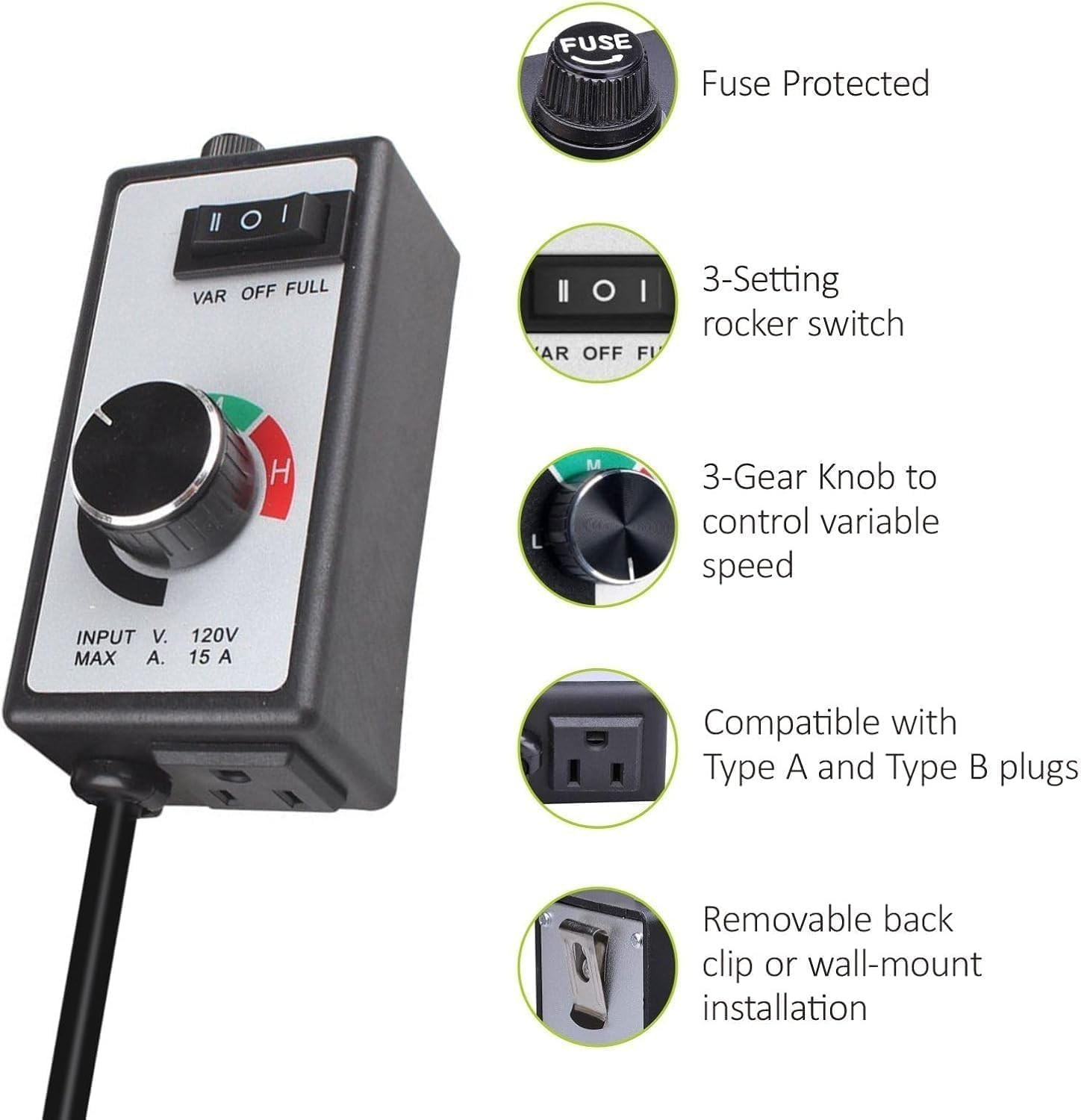 AC Motor Speed Controller 120V 15A Max – Variable-Speed Controller & Fan Spee…