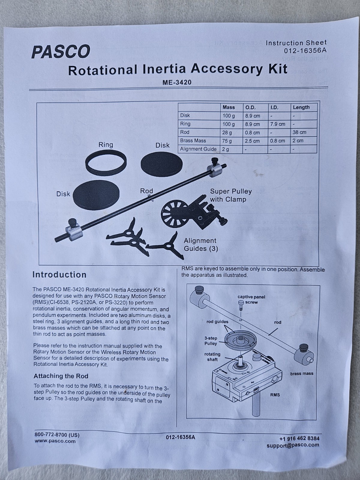 PASCO Scientific Physics Rotational Inertia Kit ME-3420, Wireless Rotary Motion