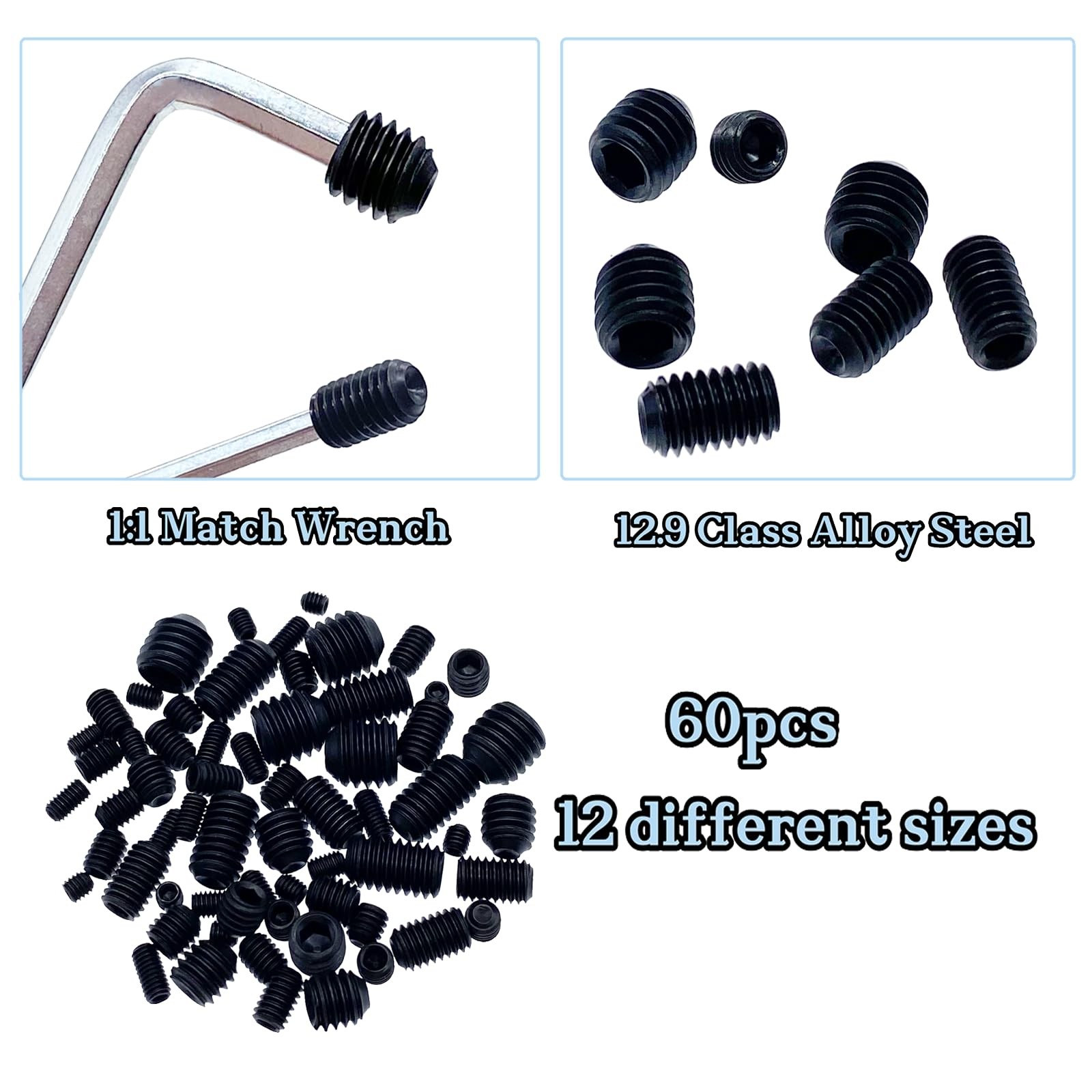 60pcs Set Screws, Set Screws Assortment Kit, Grub Screws M3 M4 M5 M6 M8 for H…