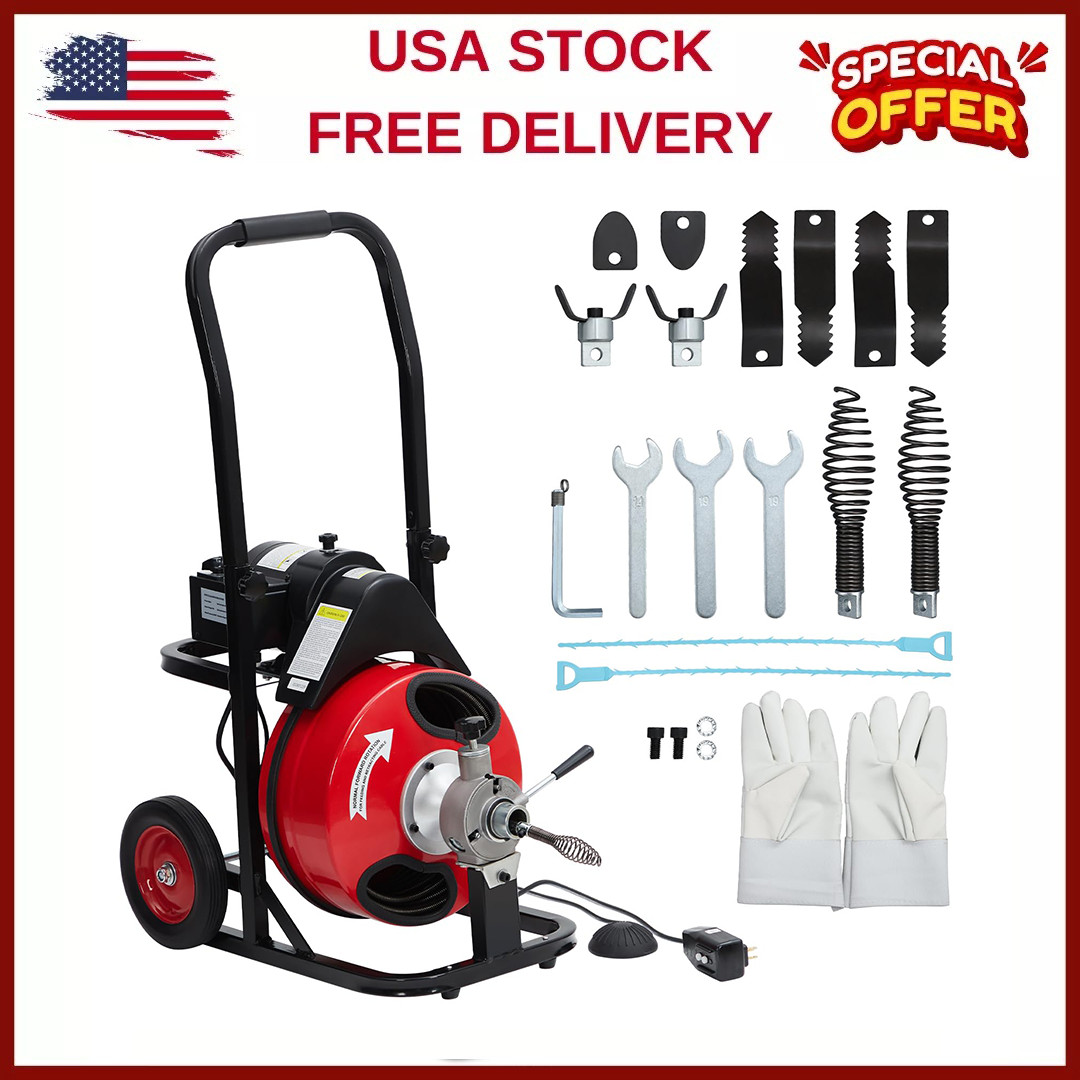 Auto Feed 75 ft x 1/2 in Portable Drain Cleaner Machine w/250W Motor & 8 Cutters