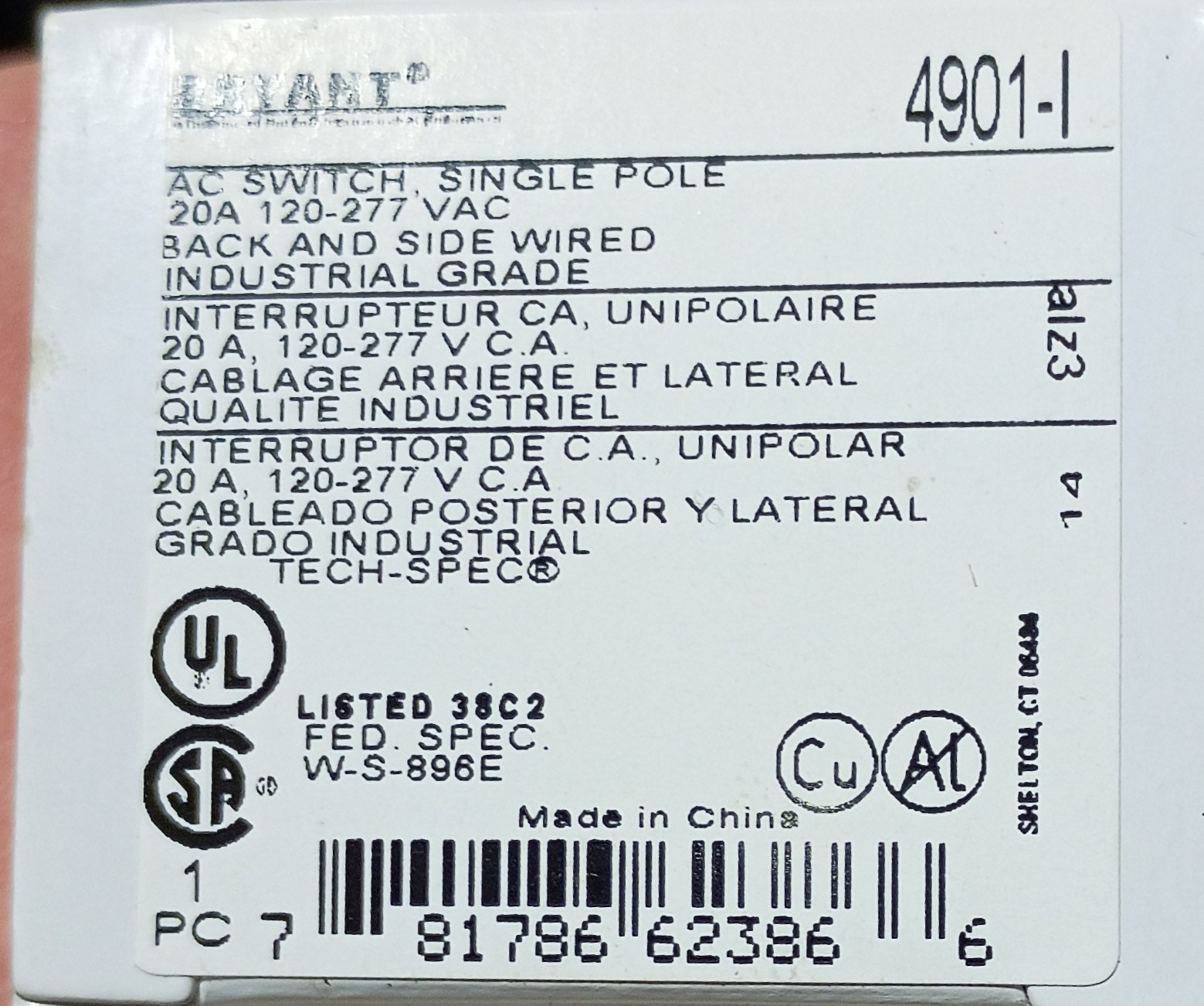 BRYANT 4901-I IVORY AC SWITCH SINGLE POLE BACK & SIDE WIRED 120V – 277 VAC