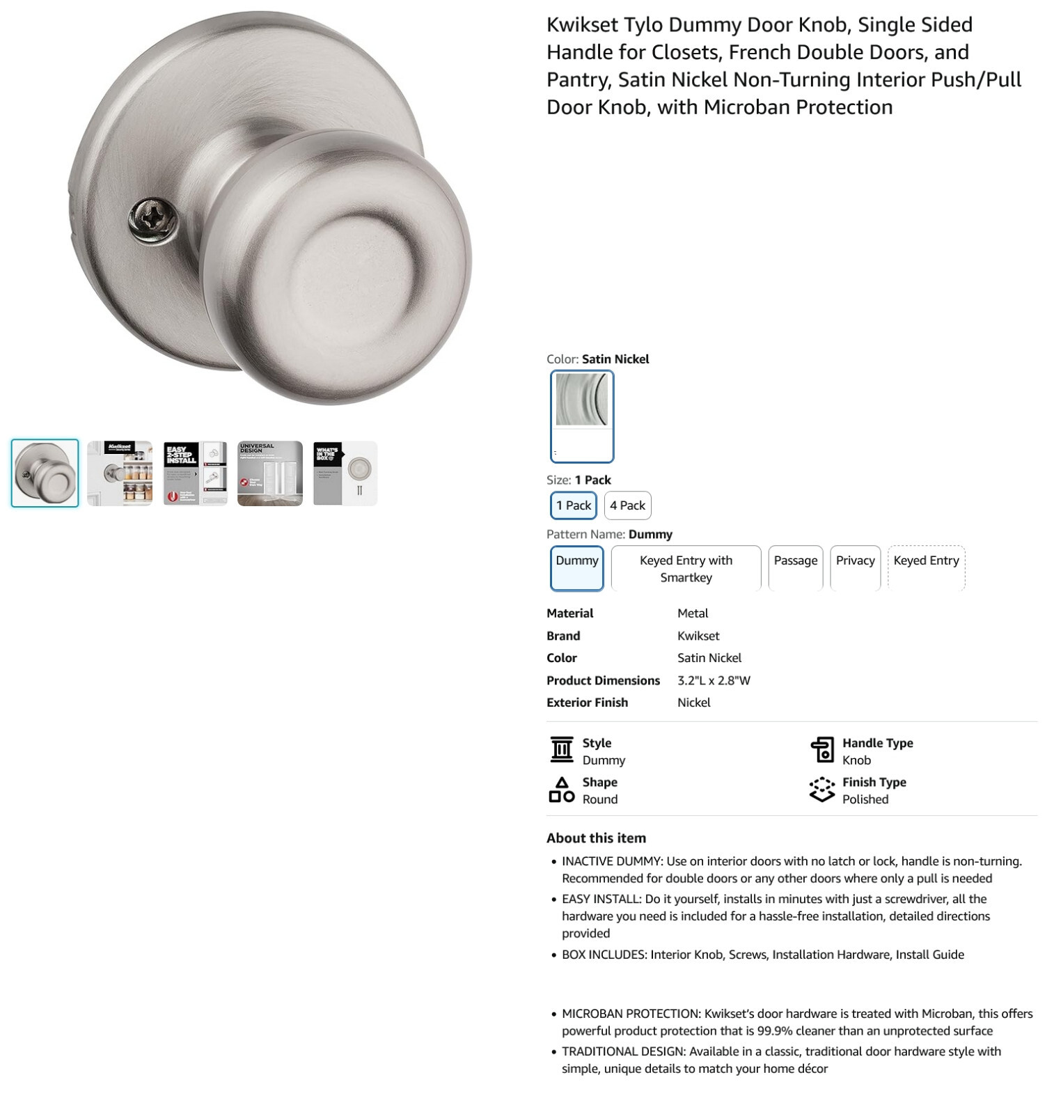 1 NEW KWIKSET 94880-571 SATIN NICKEL TYLO DUMMY DOORKNOB NIB ***MAKE OFFER***