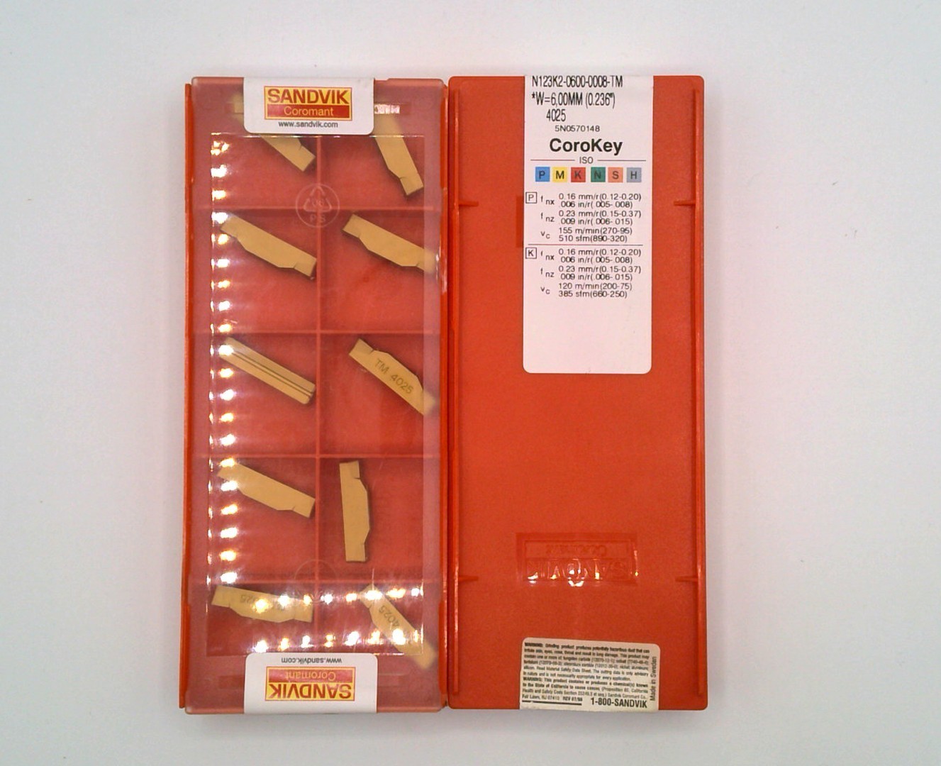 (Lot of 10) Sandvik N123K2-0600 6mm (0.236″) Carbide Grooving Inserts 4025 New