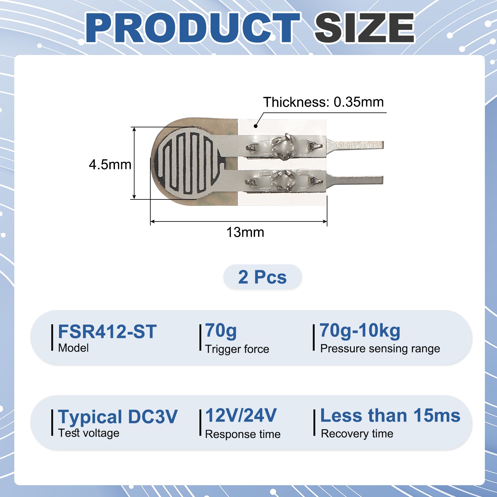 2 Pcs FSR412-ST Thin Film Pressure Sensor, 70-10kg, Dia. 4.5mm / 0.18in