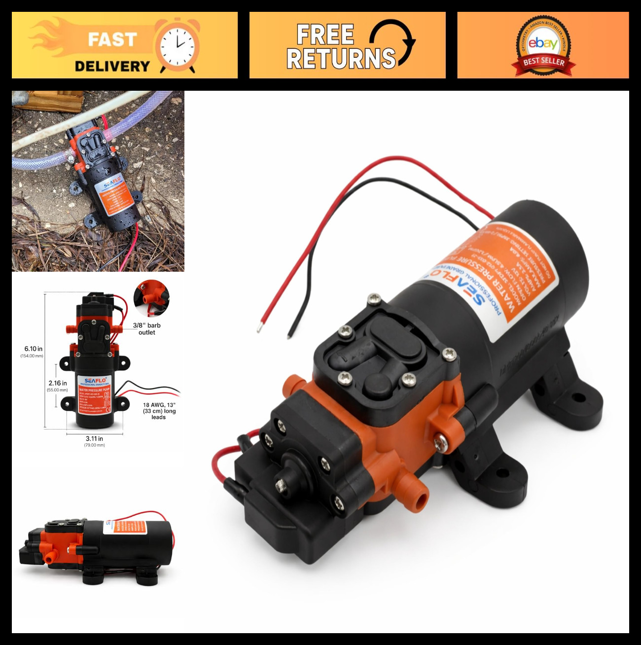 12V DC Water Pressure Diaphragm Pump – 1.2 GPM, 35 PSI, Adjustable Switch, Quiet