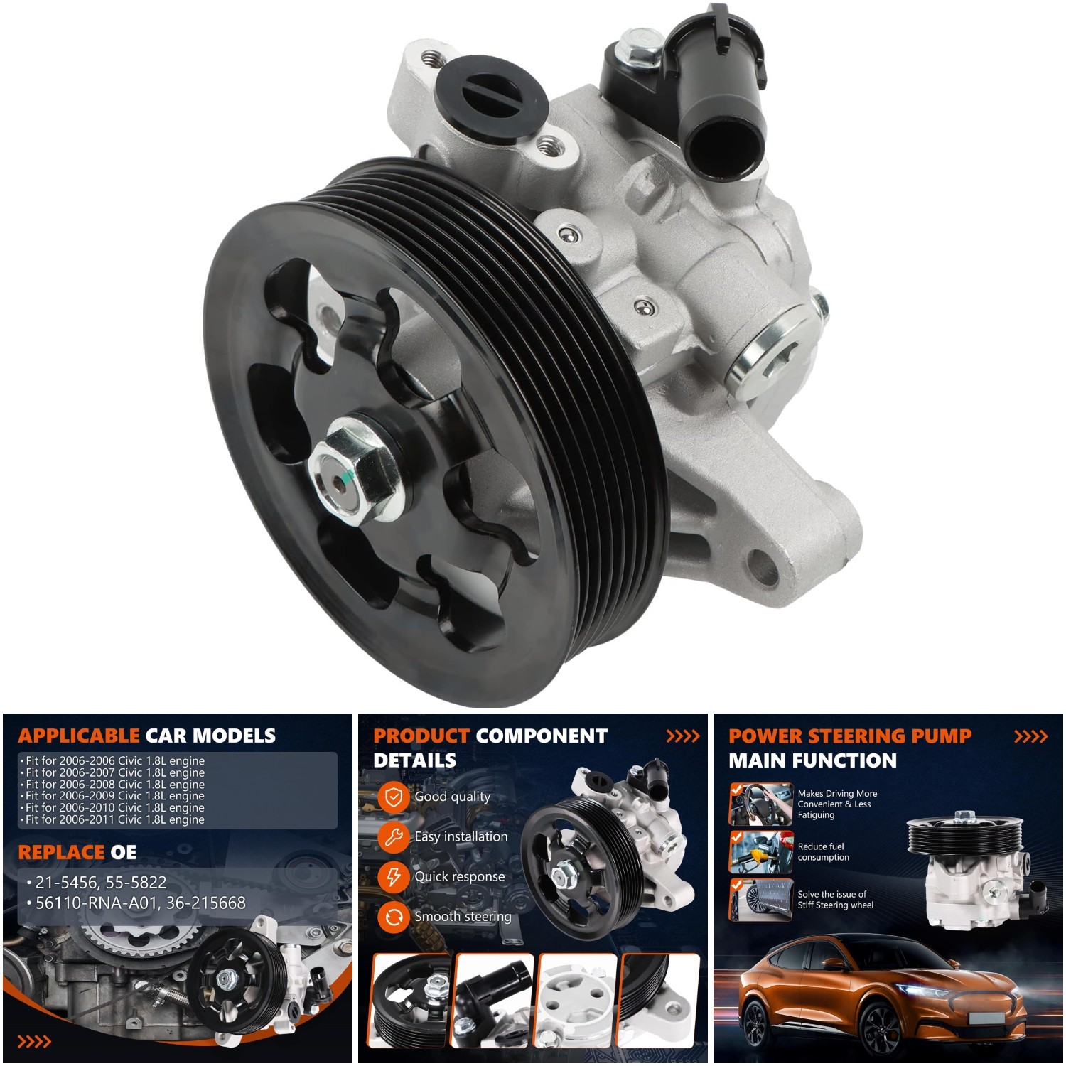 Power Steering Pump 1.8L Fits 2006-2011 Civic OE-Quality Replacement 21-5456