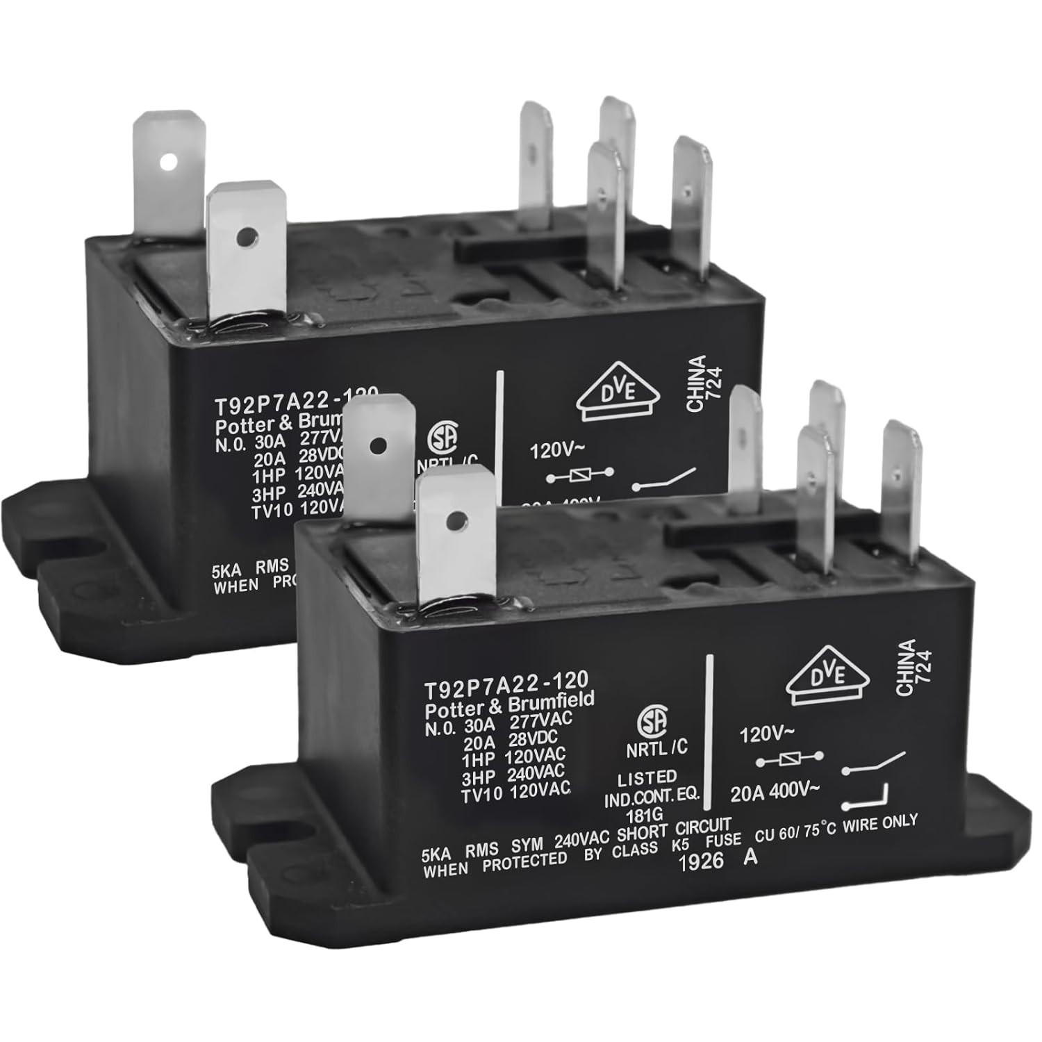 T92P7A22-120 Power Relay (Pack of 2), DPST-NO (2 Form A) – 120VAC, 30A 6-Pins Ge