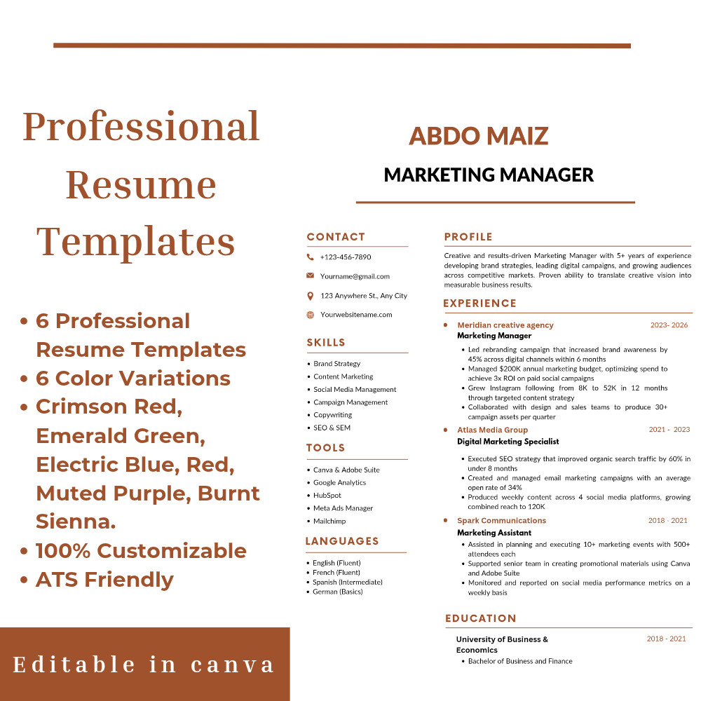 6x Professional Resume Templates Canva CV Template Pack Modern Job Resume 2026