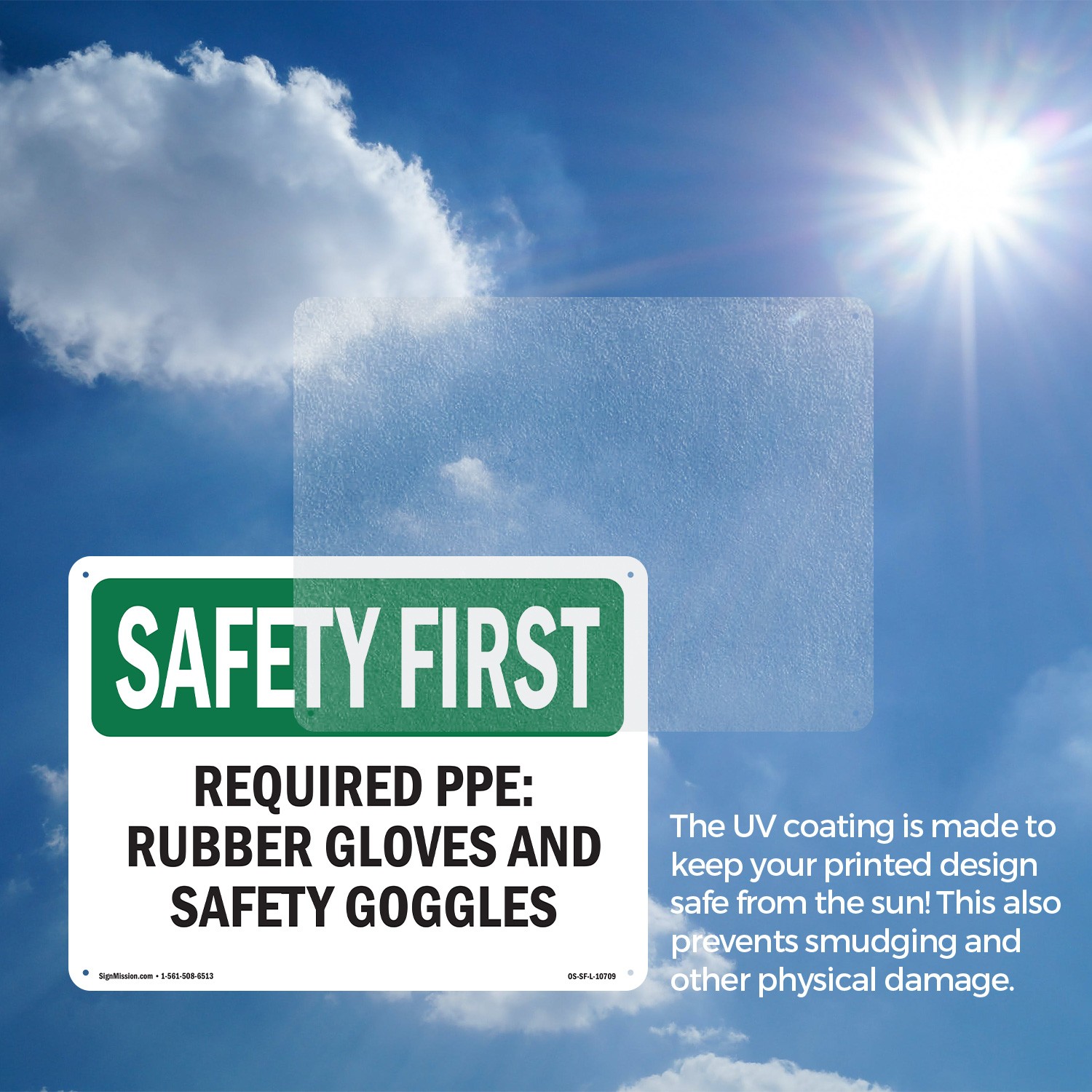 Required PPE Rubber Gloves And Safety Goggles OSHA SAFETY FIRST Sign 5/10 Pack