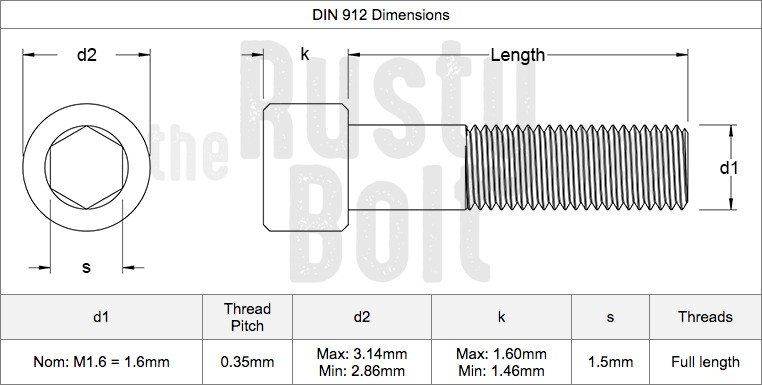 M1.6 x 20mm, Socket Head Cap Screws, A2 304 18-8, Stainless Steel