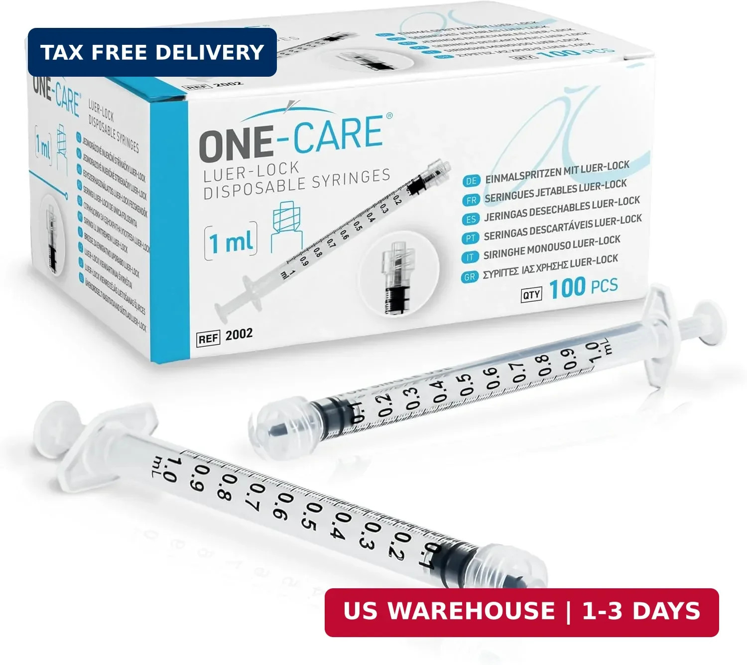 ONE-CARE 1ml (1cc) Luer Lock Syringe, box of 100 pcs Individually Packed | High-