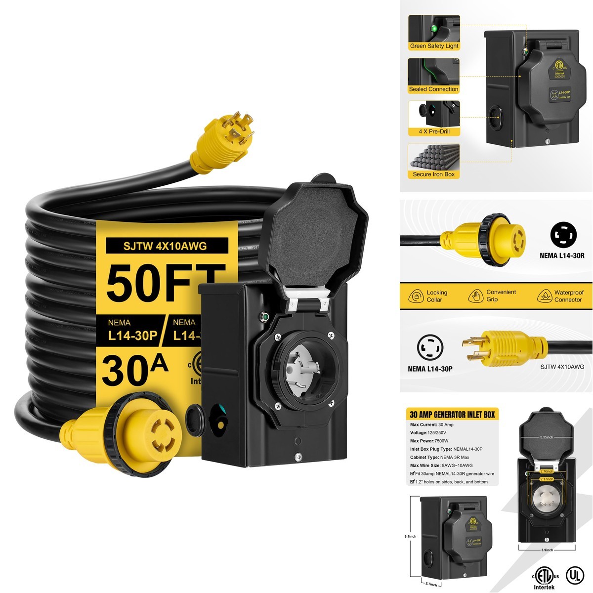 Filluck 50FT 30 Amp Generator Cord Pre-Drilled Power Inlet Box,Heavy Duty