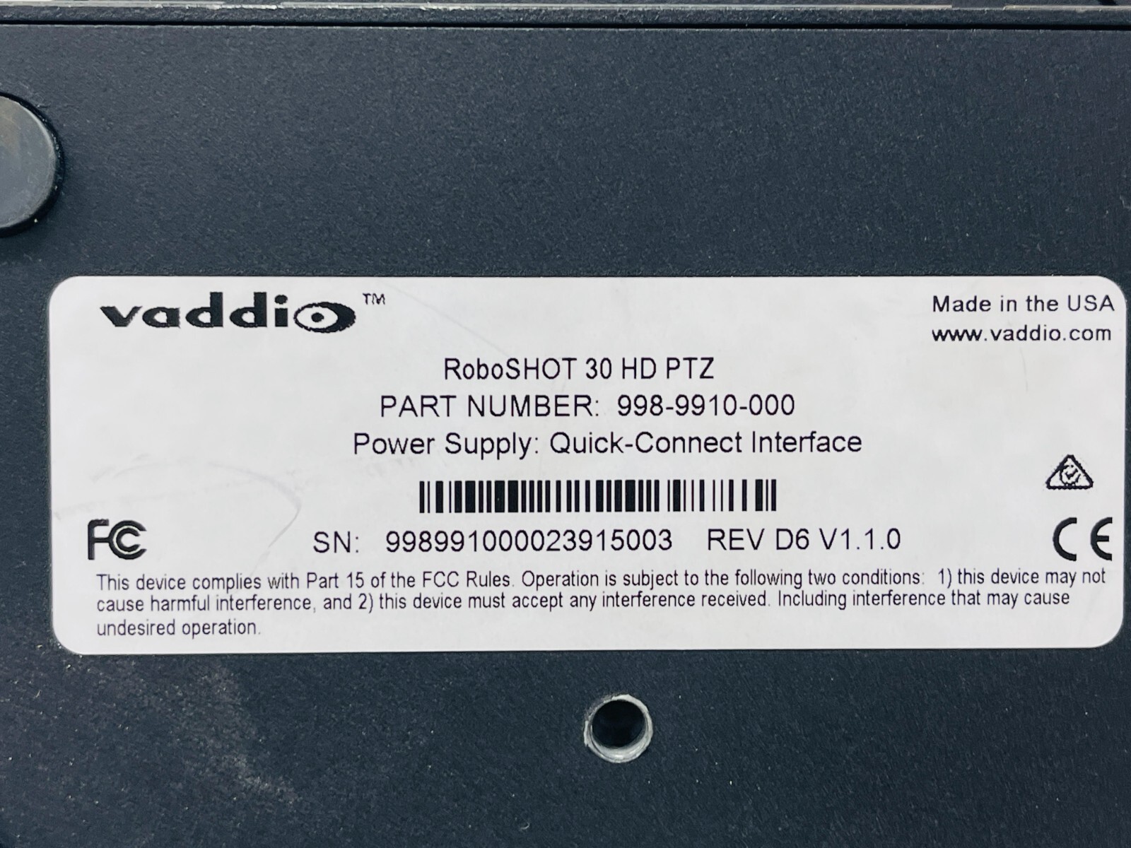 Vaddio RoboSHOT 30-HD robotic PTZ Camera 998-9910-000 Quick Connect / FOR PARTS