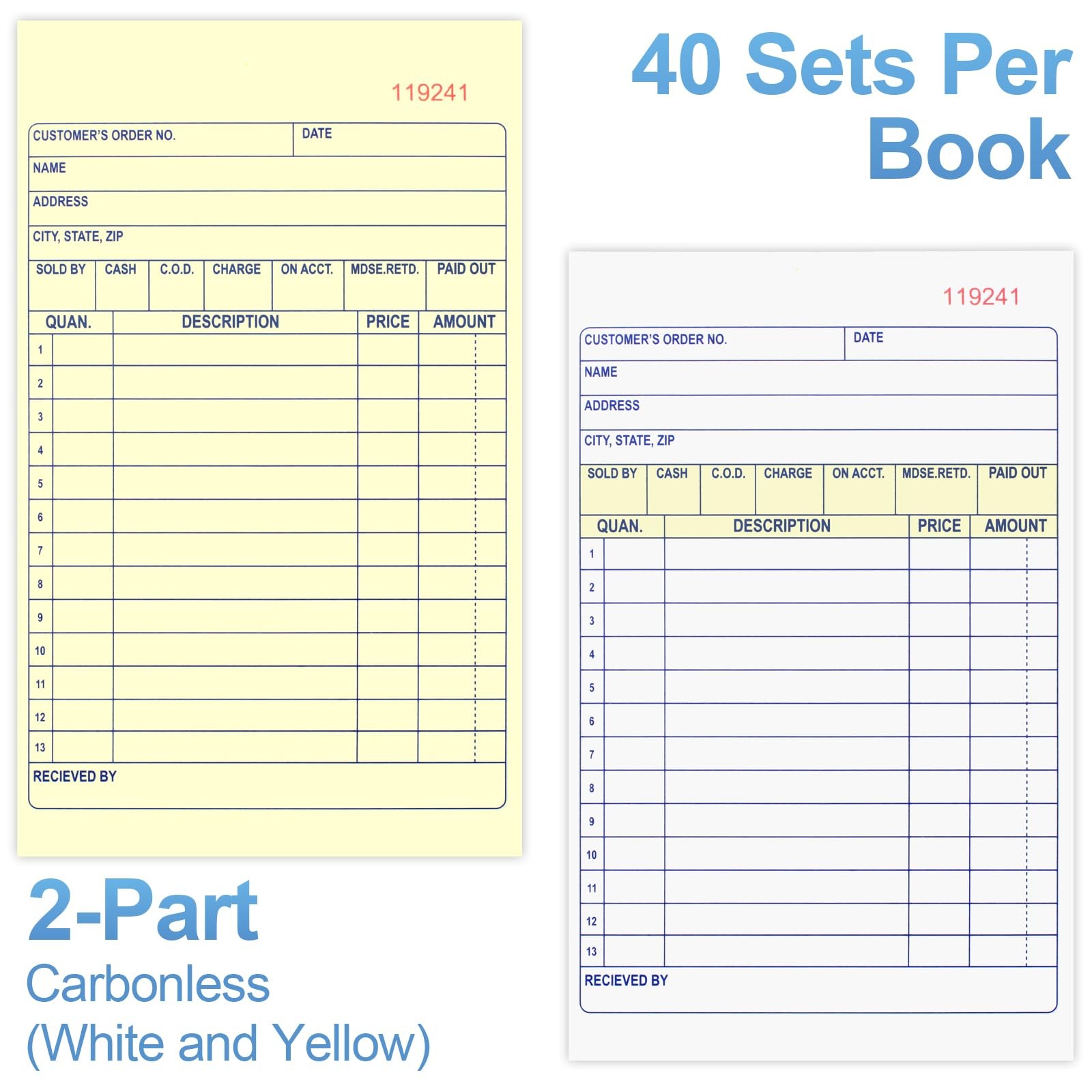 4Pack Sales Order Book 2-Part Carbonless Receipt Book Carbon Copy Small Business