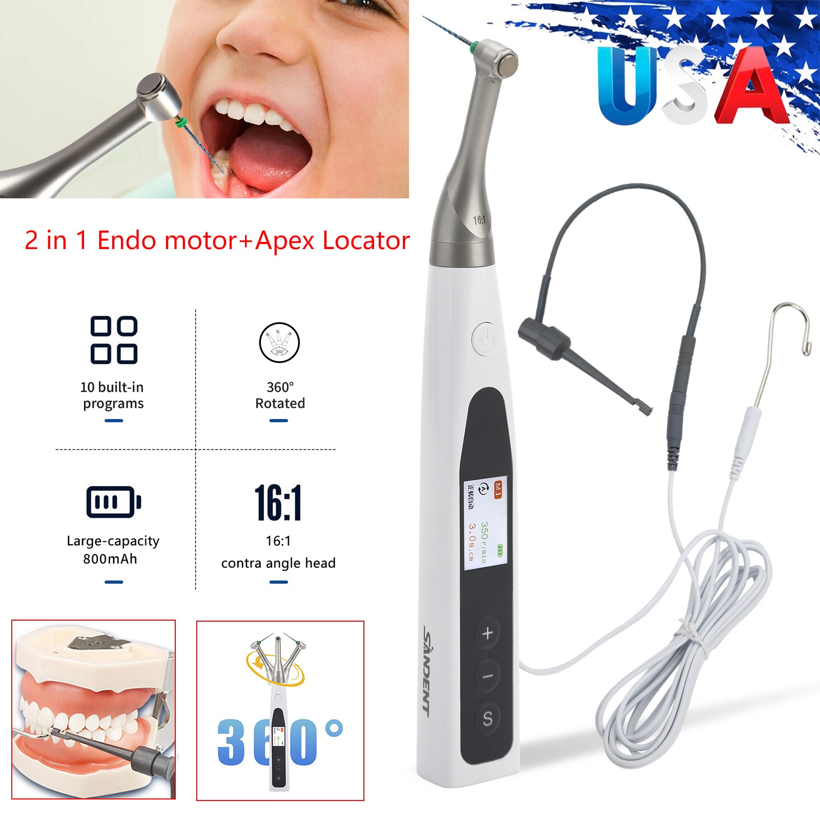 2 in 1 Wireless Dental Endo Motor with Apex Locator Root Canal Treatment SANDENT