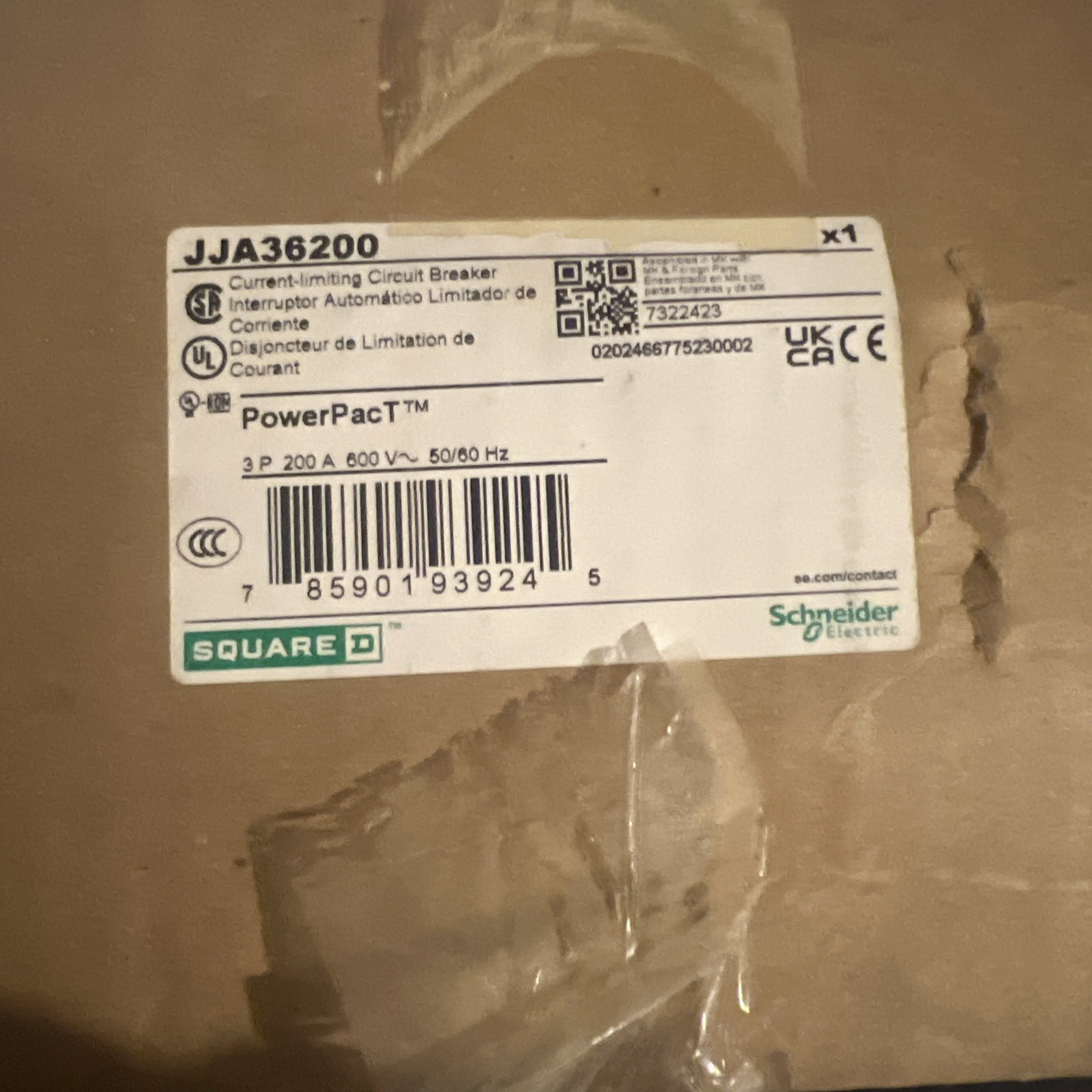 Square D JJA36200 200A 3 Pole 600V I-Line Power-Pact Circuit Breaker NEW-no box