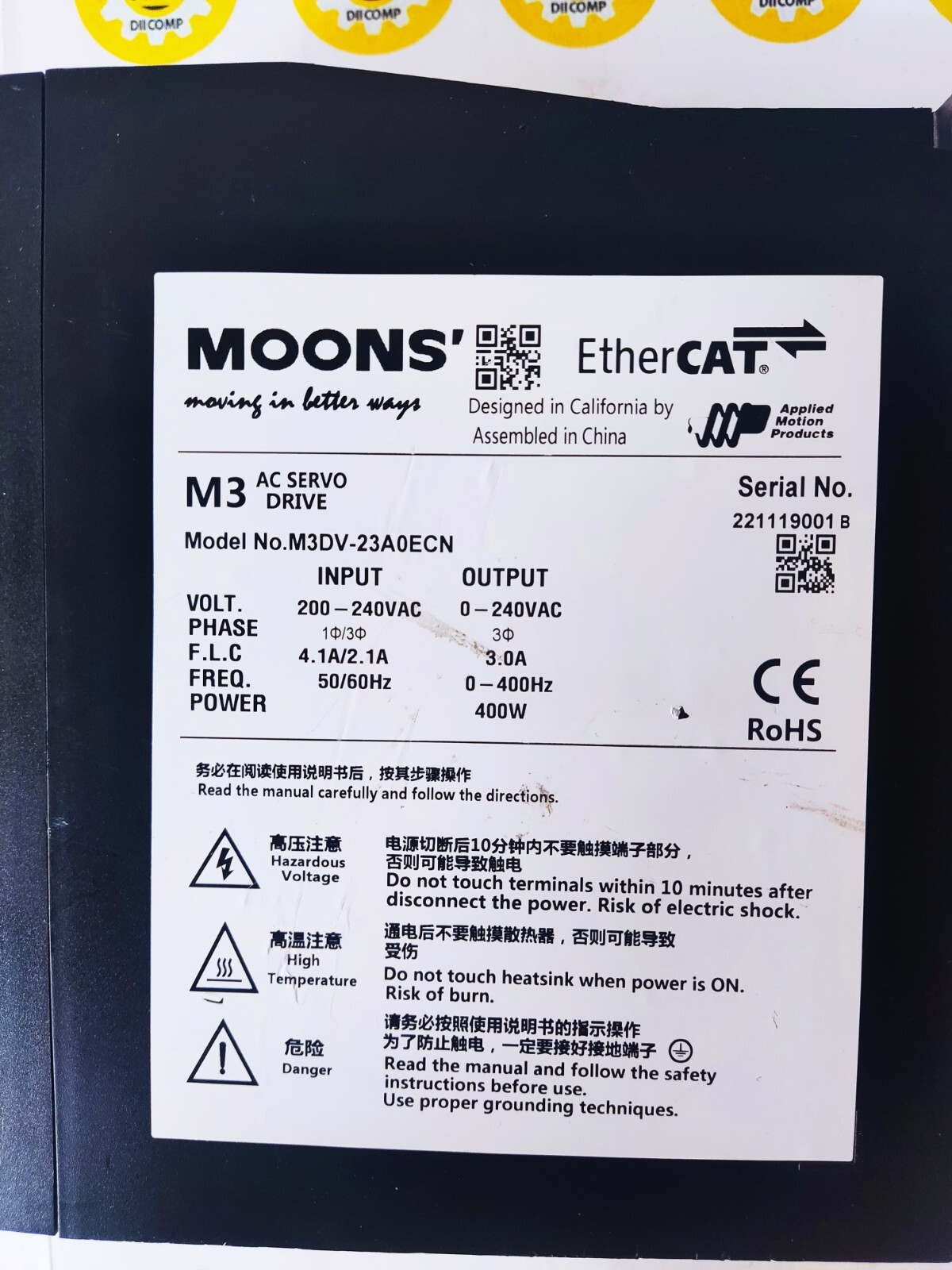 MOONS M3 AC SERVO DRIVE M3DV-23A0ECN EtherCAT 220VAC AC input driver