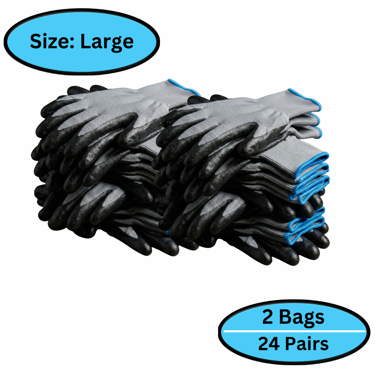 24 Pairs, Grey Dipped Gloves Nitrile, Nylon Industrial Work Gloves, Large