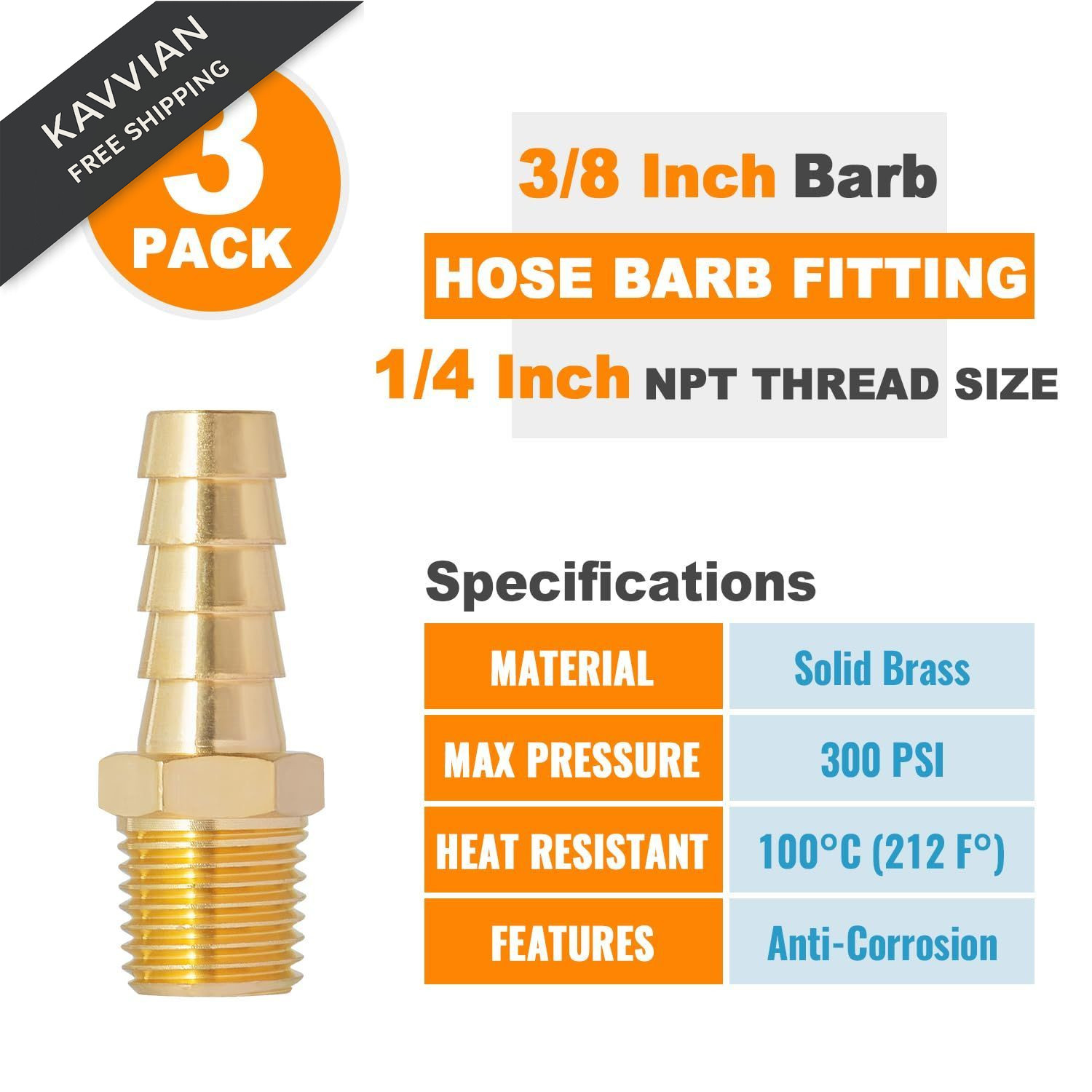 SUNGATOR 3-Pack 3/8 Inch Barb × 1/4 NPT 3/8″ x 1/4″ Male, Brass