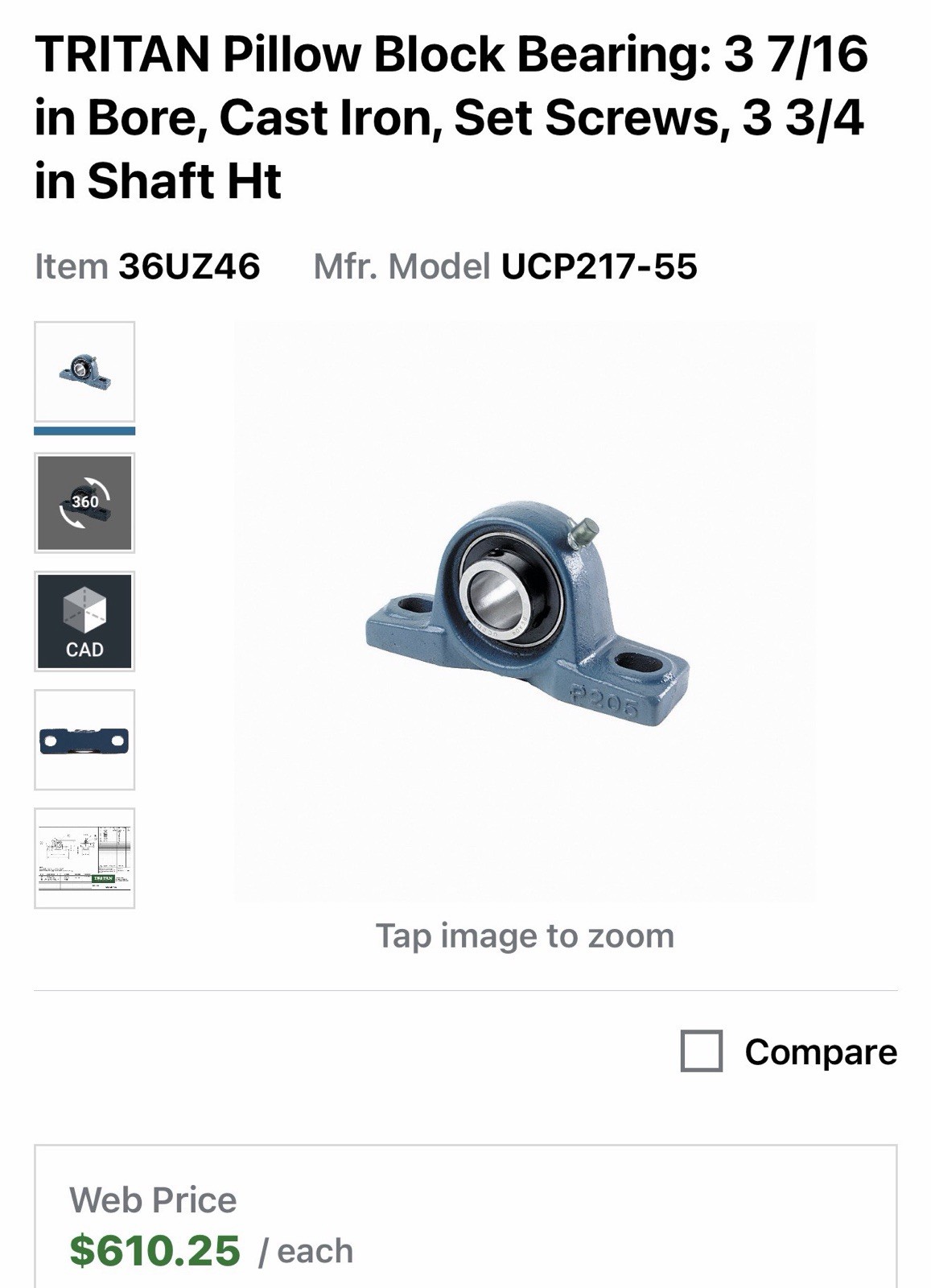 Tritan UCP217-55 Pillow Block Bearing, Ball, 3-7/16″ Bore New Blemished Box