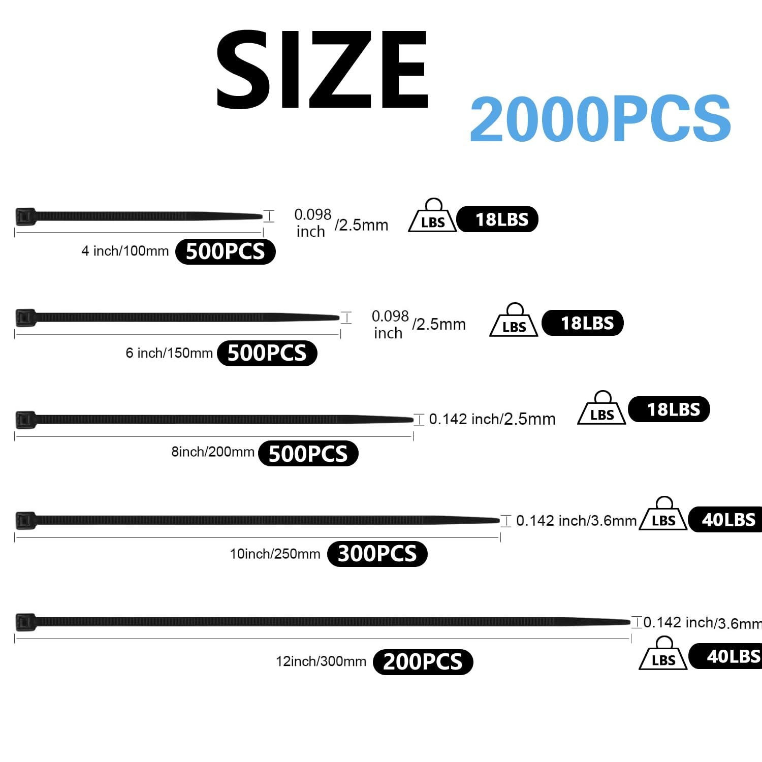 2000PCS Zip Ties Assorted 4 6 8 10 12 Inch Self Locking Cable Ties Black Bundle