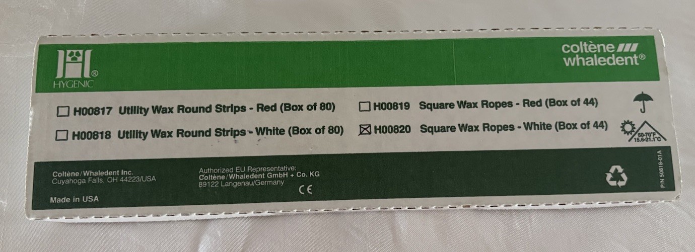 Coltene Whaledent H00820 Hygenic Square Wax Ropes White 11 x 3/6″ 44/Bx NOS