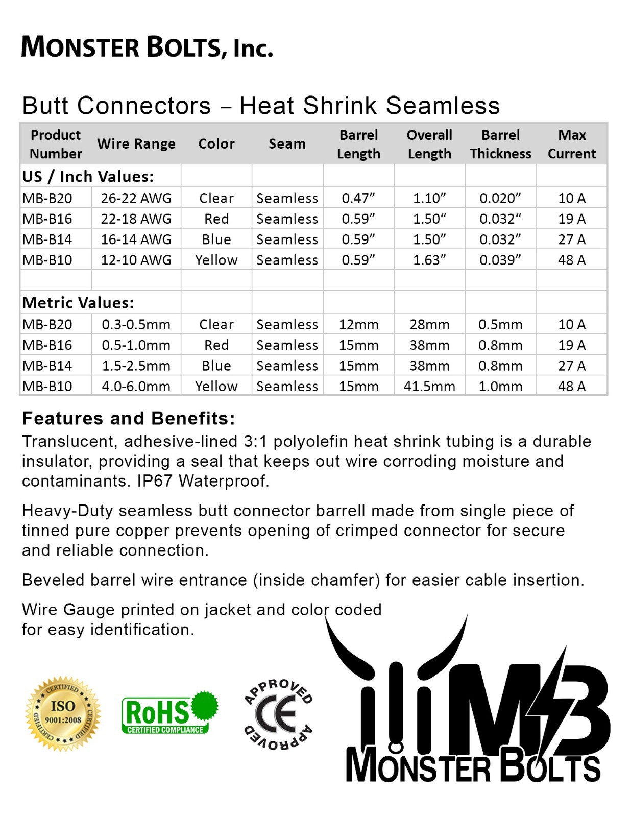 Heat Shrink Butt Crimp Connectors, Waterproof Electrical Terminals, MonsterBolts