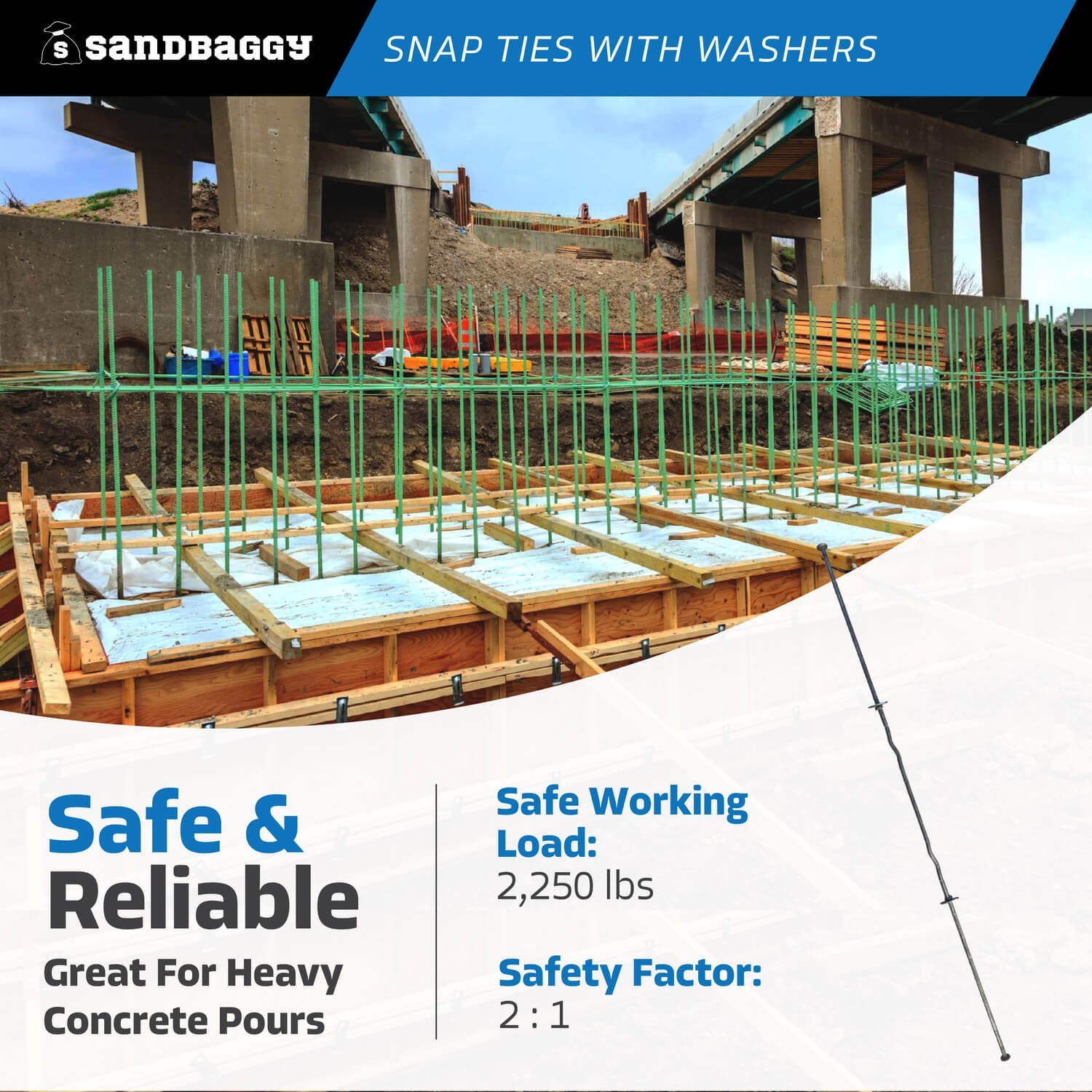 Sandbaggy 10″ x 8 ¼» Standard Snap Ties For Concrete Forms – 1″ Flat Washer