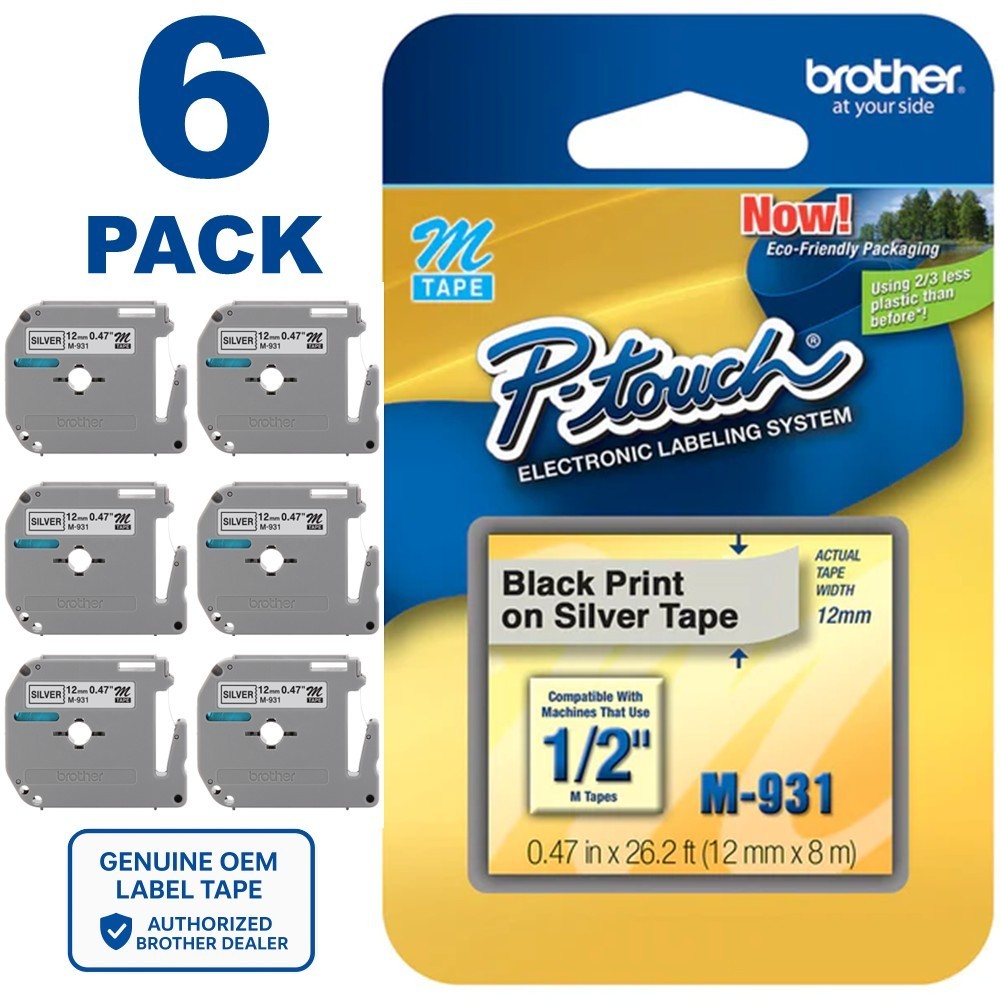 Genuine Brother M-931 Black on Silver 1/2″ (12mm) P-Touch Label Tape **6-PACk**