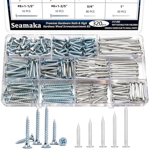 320Pcs Premium Hardware Nails & High Hardness Wood Screws Assortment Kit，1/2″…