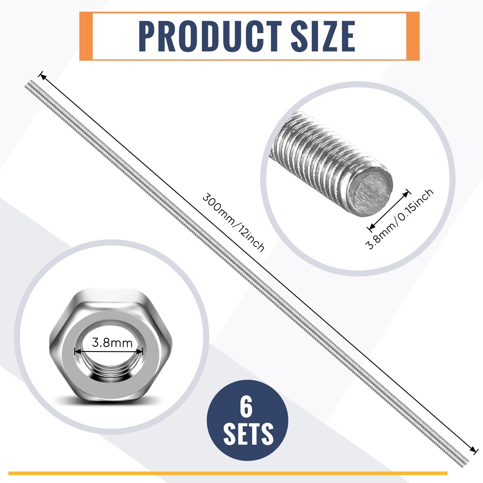 8 Pack 8/32 Inch M4 Threaded Rod w/ Hex Nuts Stainless Steel 10 Inch Studs Rods