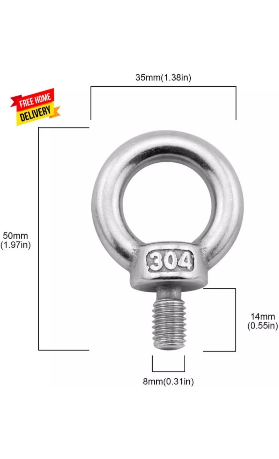 5Pcs M8/0.32″ Lifting Ring Eye Bolt Stainless Steel Screw Bolt