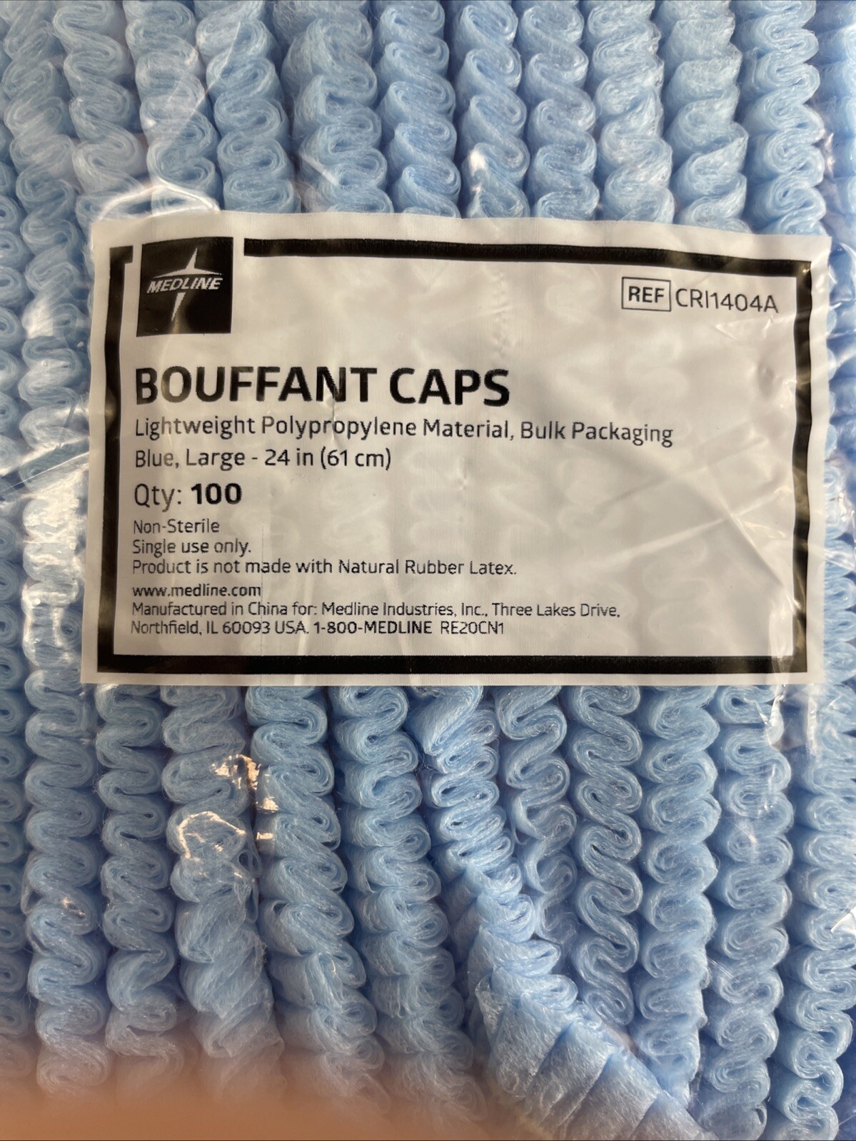 1000 Case – Medline 24″ Blue Bouffant Cap Non Woven Disposable Hairnet Size L