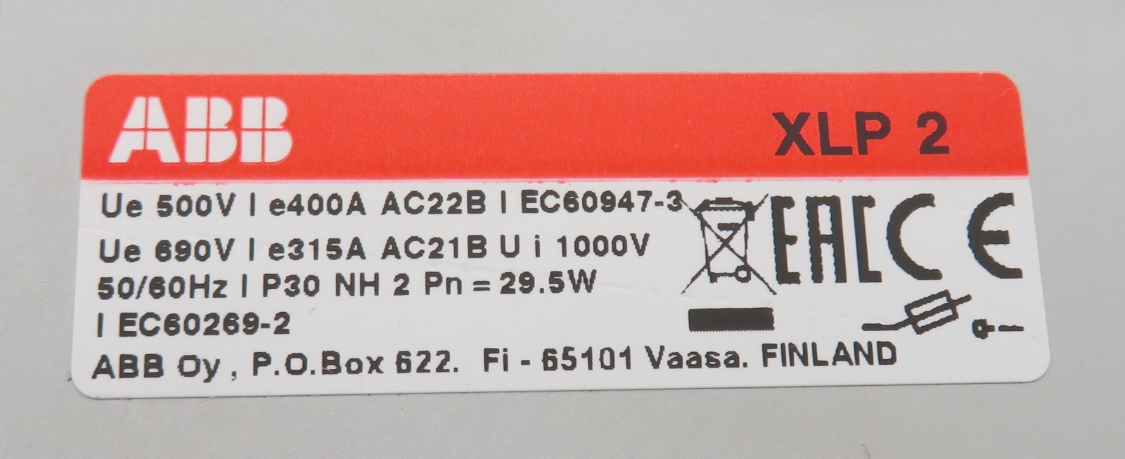 NH fuse-switch-disconnector ABB XLP2 load-disconnector NH2 400A 3-pole IP30