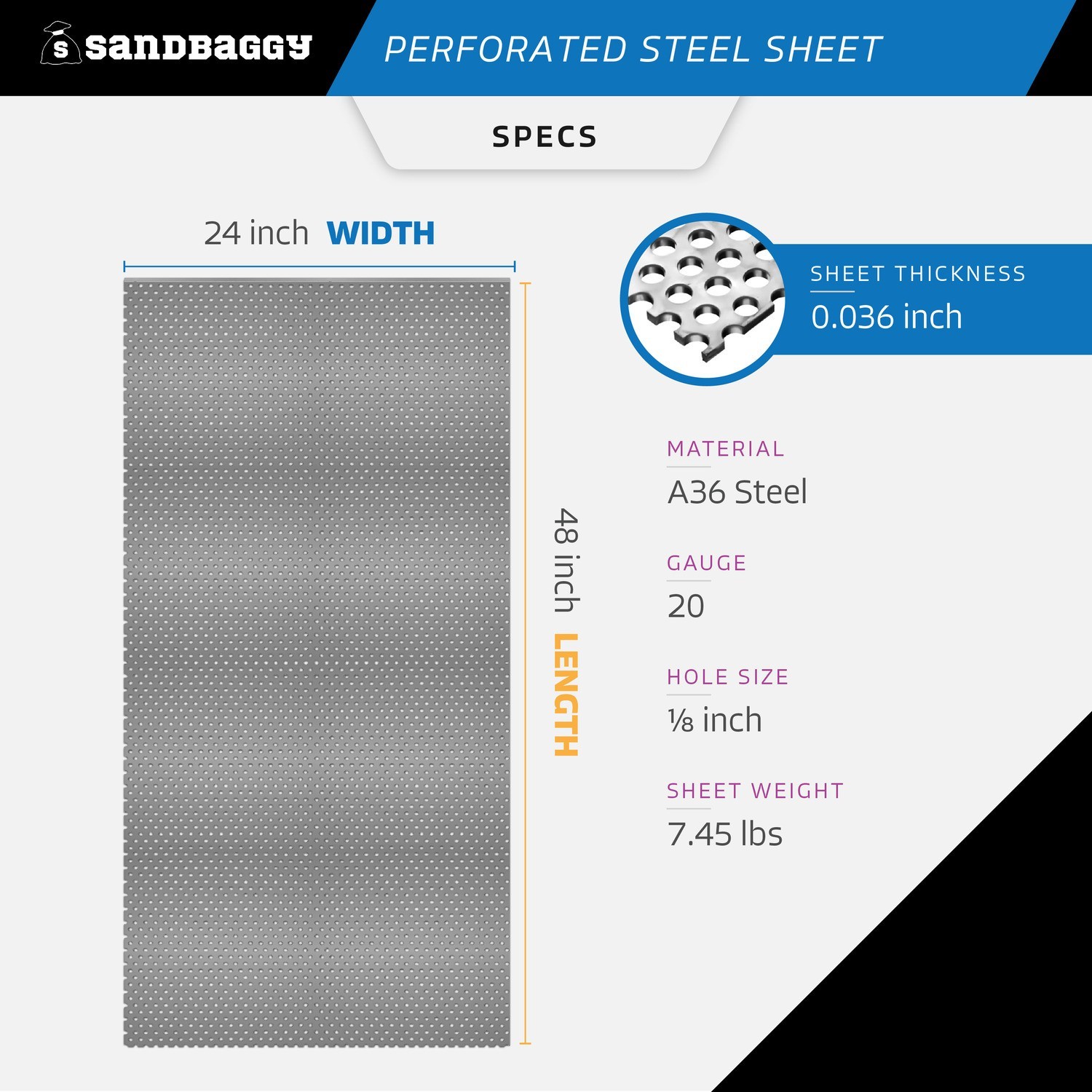 Sandbaggy Perforated Steel Sheet 24″ x 48″ – Perforated Metal Sheet – 20 Gauge