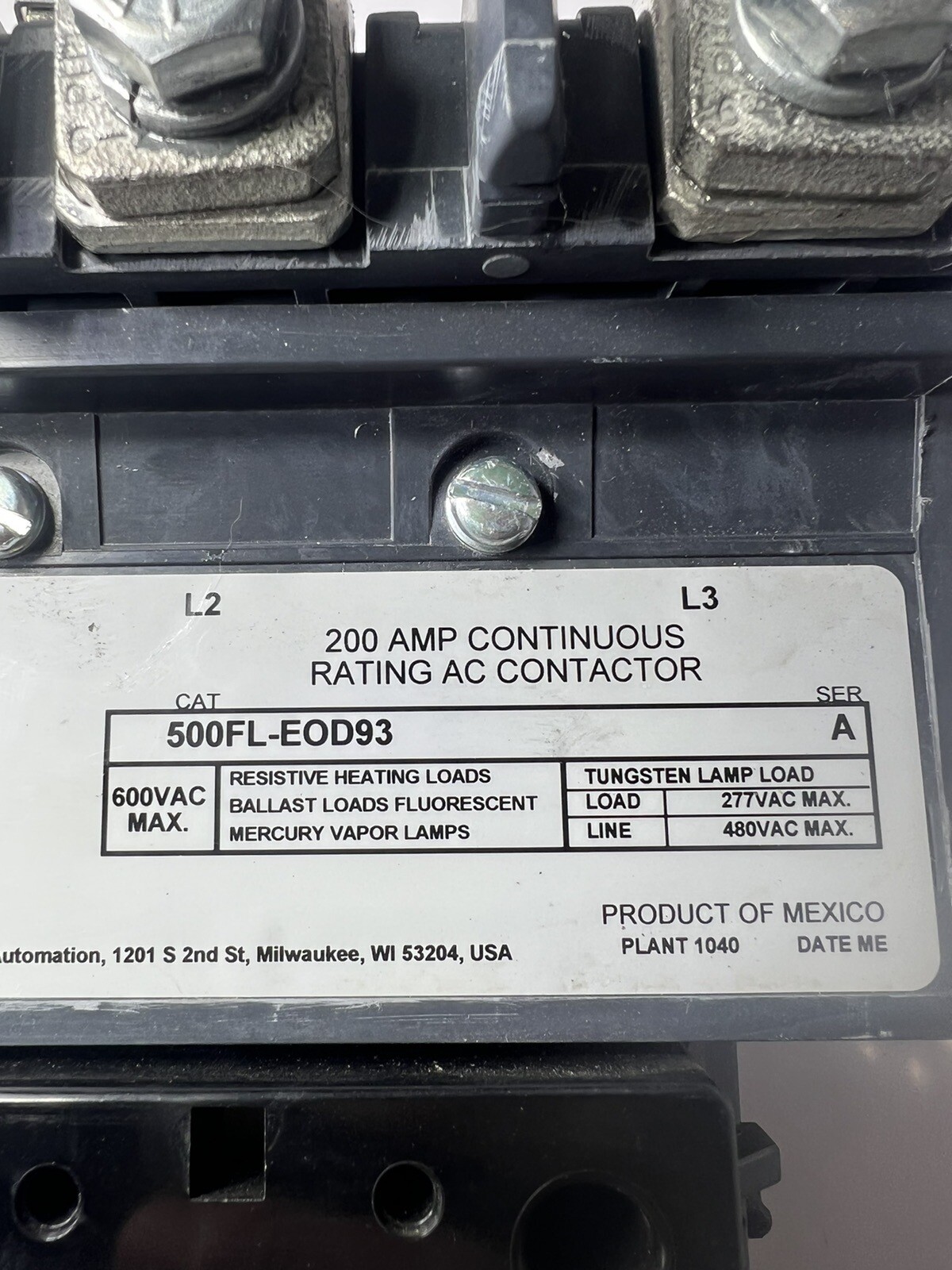 AB Allen Bradley AC 200a Contactor 500FL-EOD93 200a 480/277v 120v Closing Coil