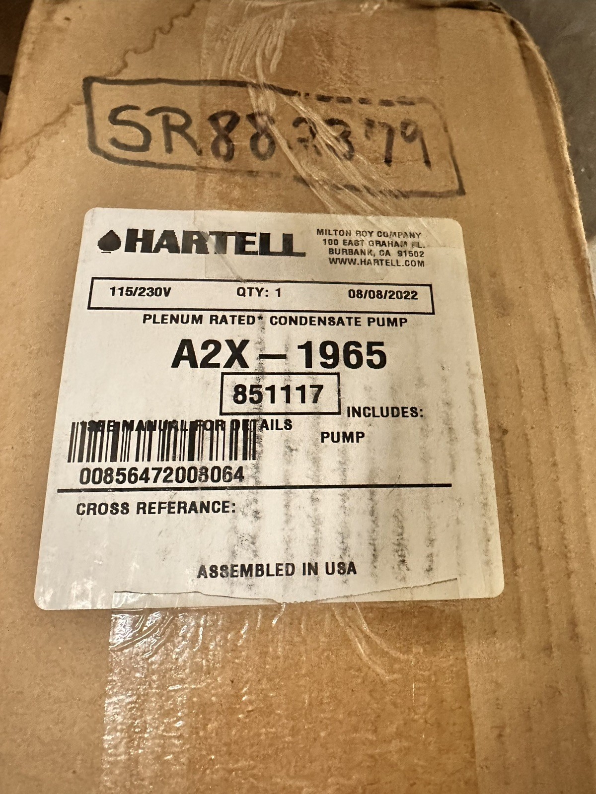 Hartell Milton Roy A2-X-1965 DV, 851117, Plenum Rated Condensate Pump, BRAND NEW
