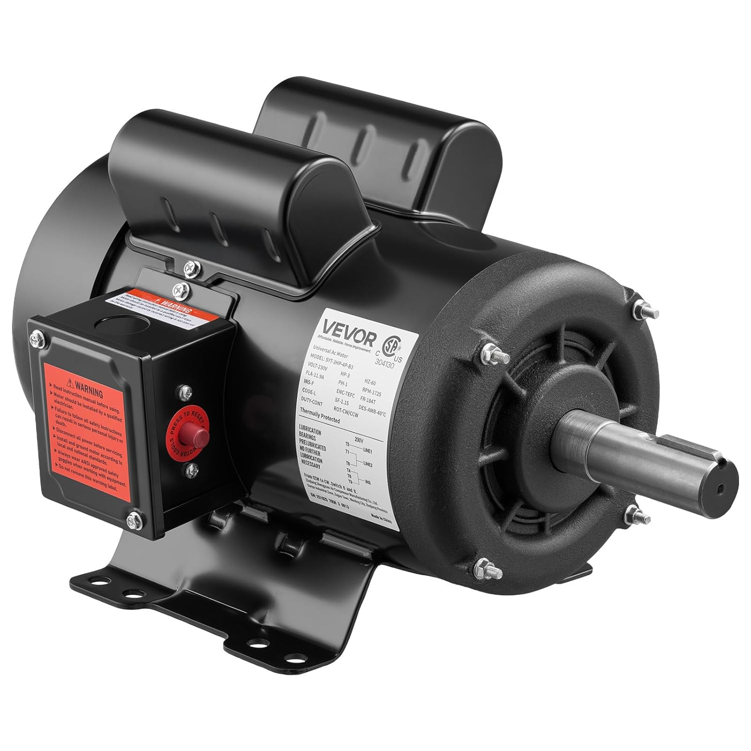 3 HP Electric Motor 1750 RPM, Single Phase 230V, 1.125in Shaft, 184T Frame