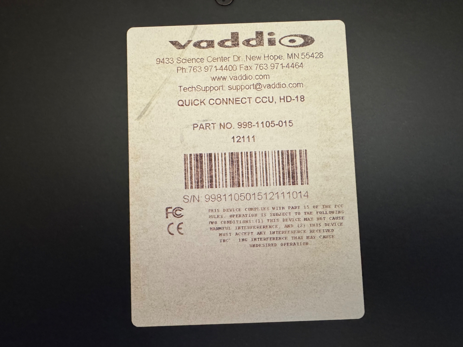 Vaddio Tally Quick Connect CCU HD-18 With AC Adapter Part #: 998-1105-015