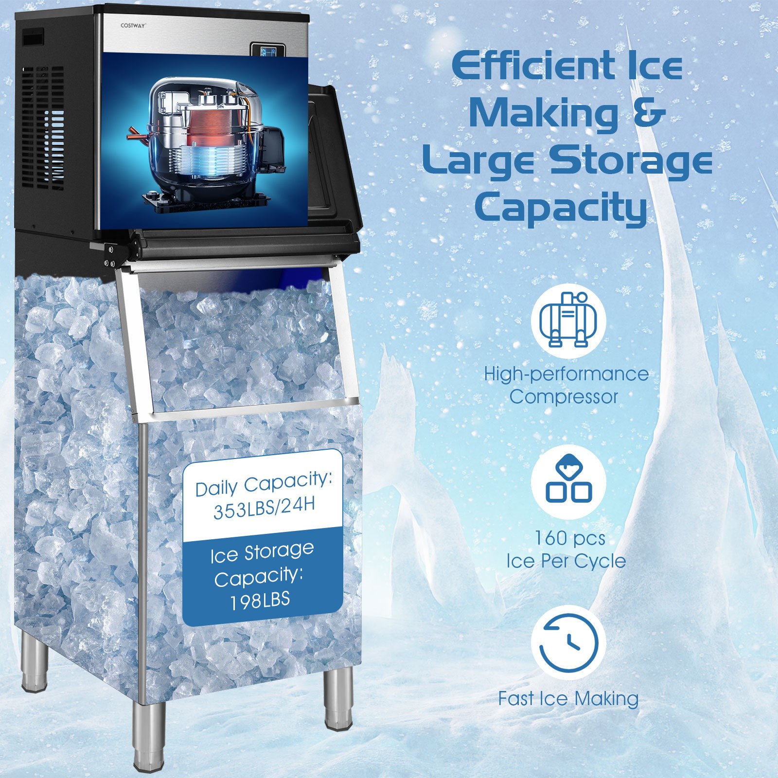 Costway Freestanding Ice Machine 353LBS/24H Ice Machine w/ 198 LBS Storage Bin