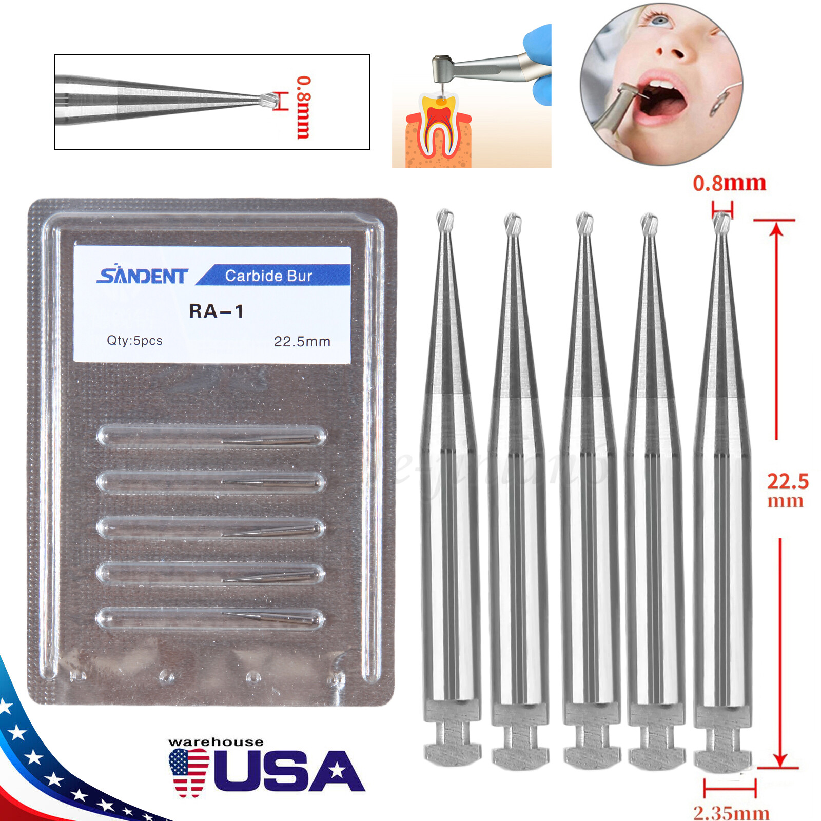 5Pcs Dental Round Carbide Bur for Slow Speed Latch Type RA 1# – 8# Burs