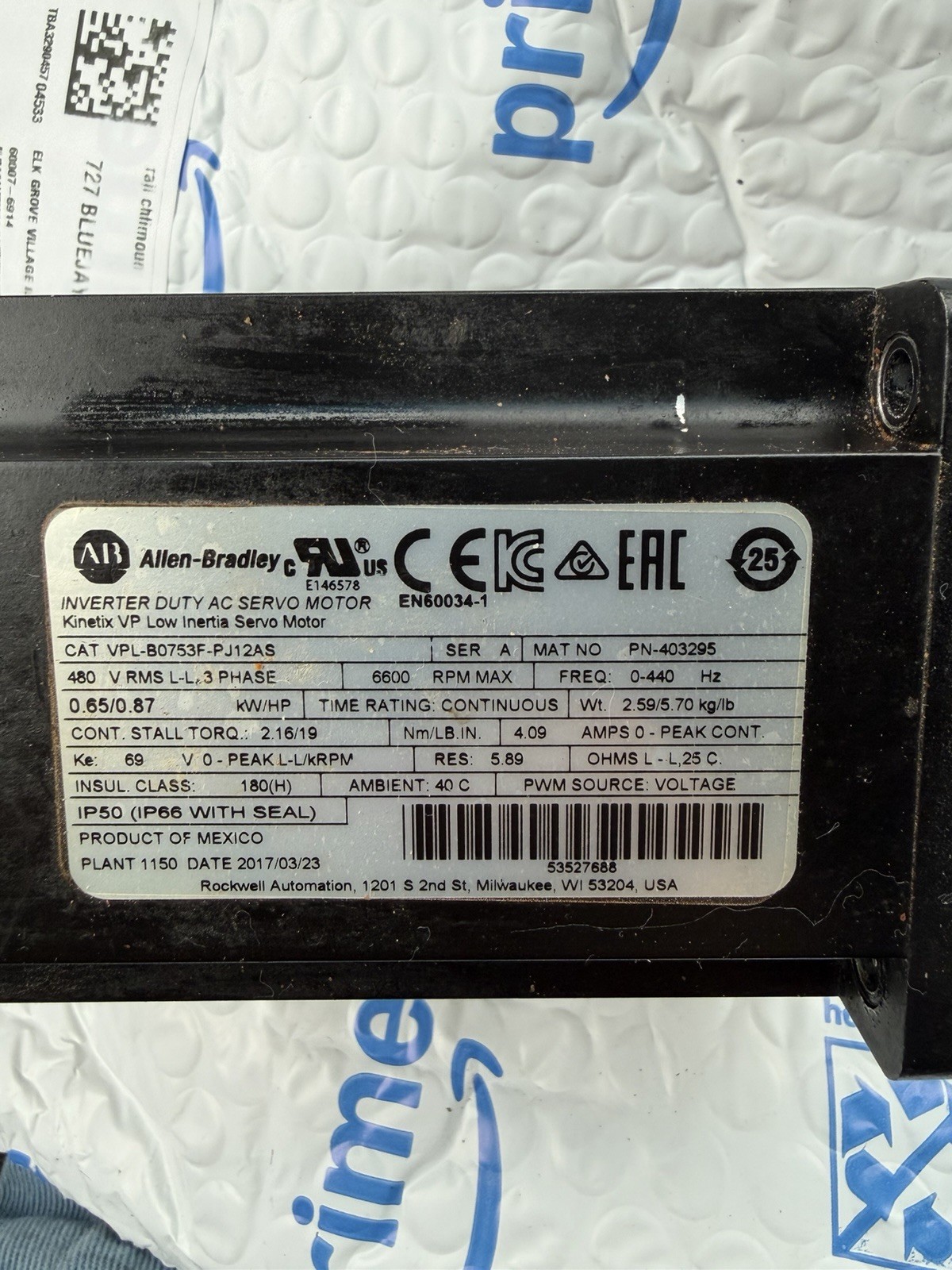ALLEN BRADLEY VPL-B0753F-PJ12AS LOW INERTIA MOTOR