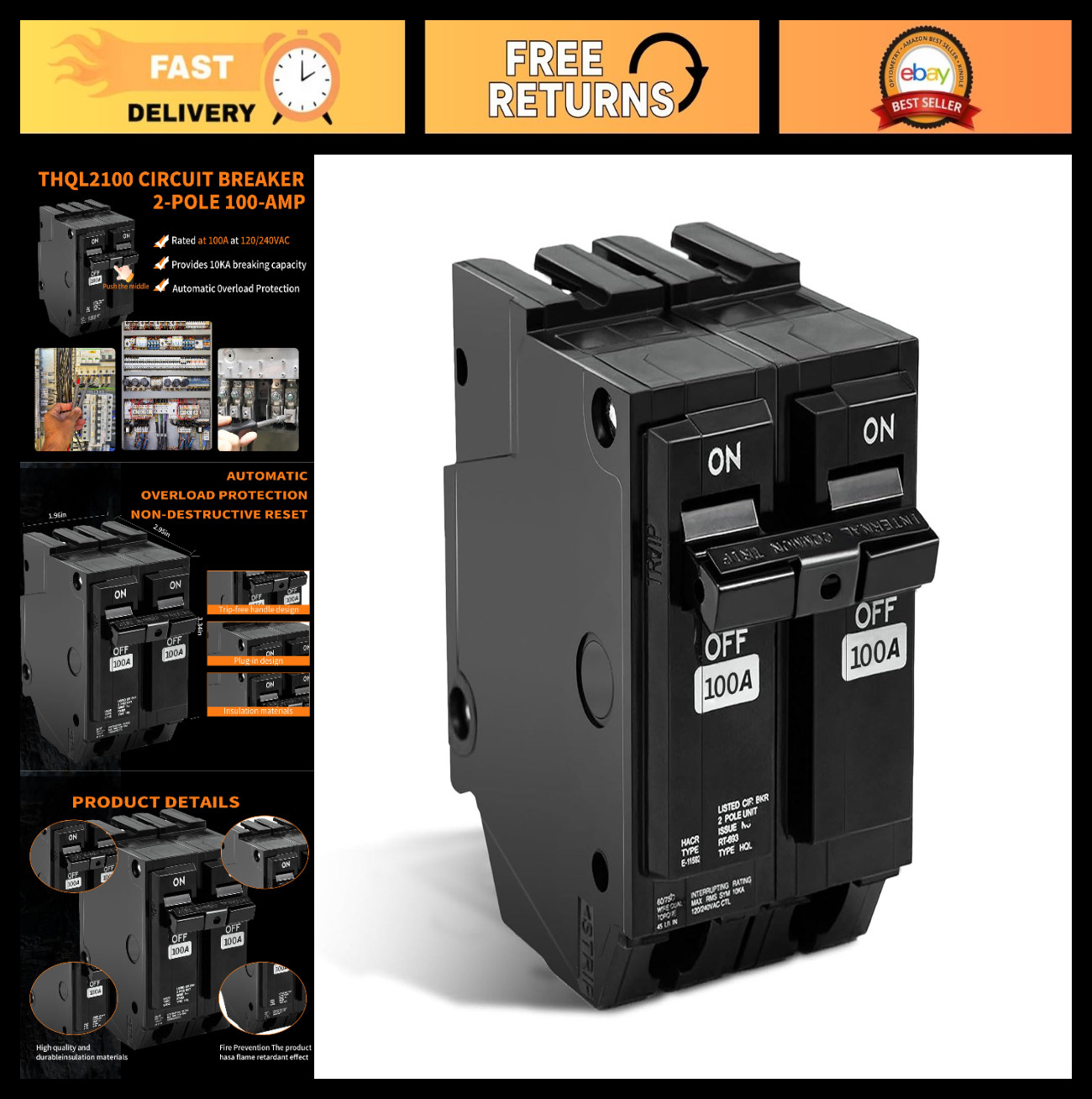 100 Amp 2-Pole Circuit Breaker, Plug-in Mount, Thermal Magnetic, 10KA, 120/240V