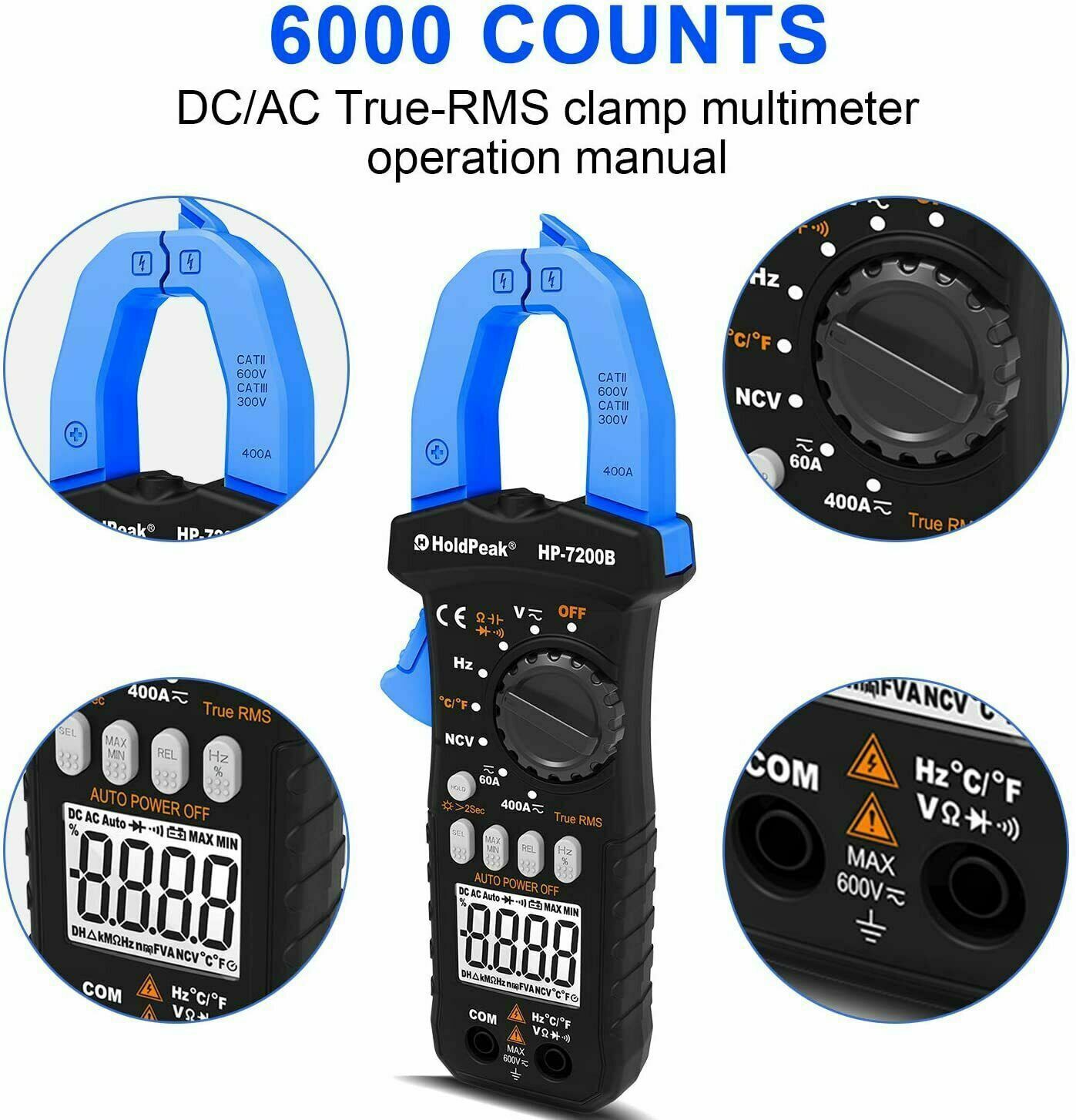HoldPeak True RMS Digital Auto-Ranging 6000 Counts Clamp Meter 60A 400V AC DC US