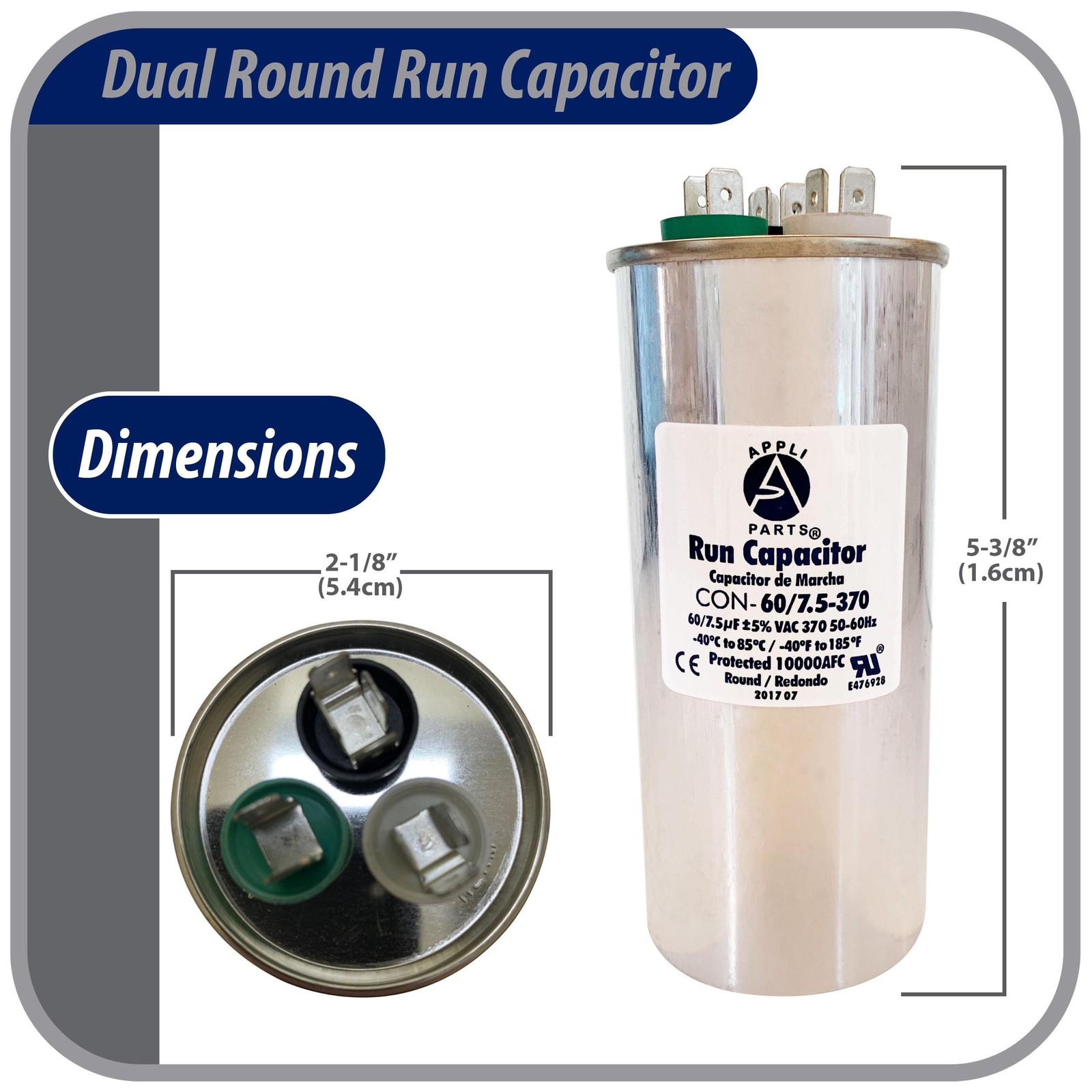 Appli Parts Dual Run Capacitor for ac 60+7.5 Mfd uF (microfarads) 370VAC CBB65 R