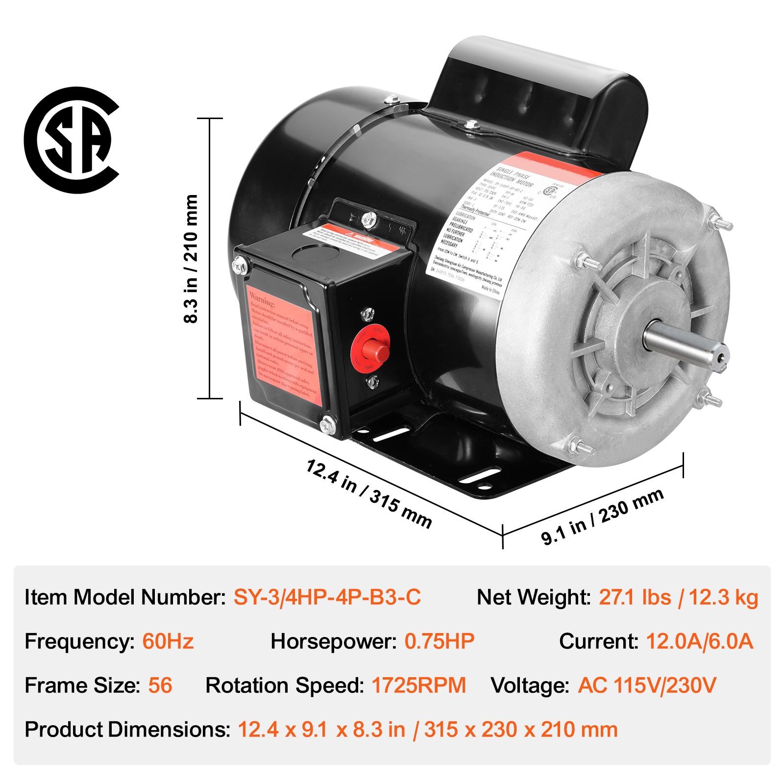 0.75HP Electric Motor 1725 rpm, AC 115V/ 230V, 56 Frame, Air Compressor Motor